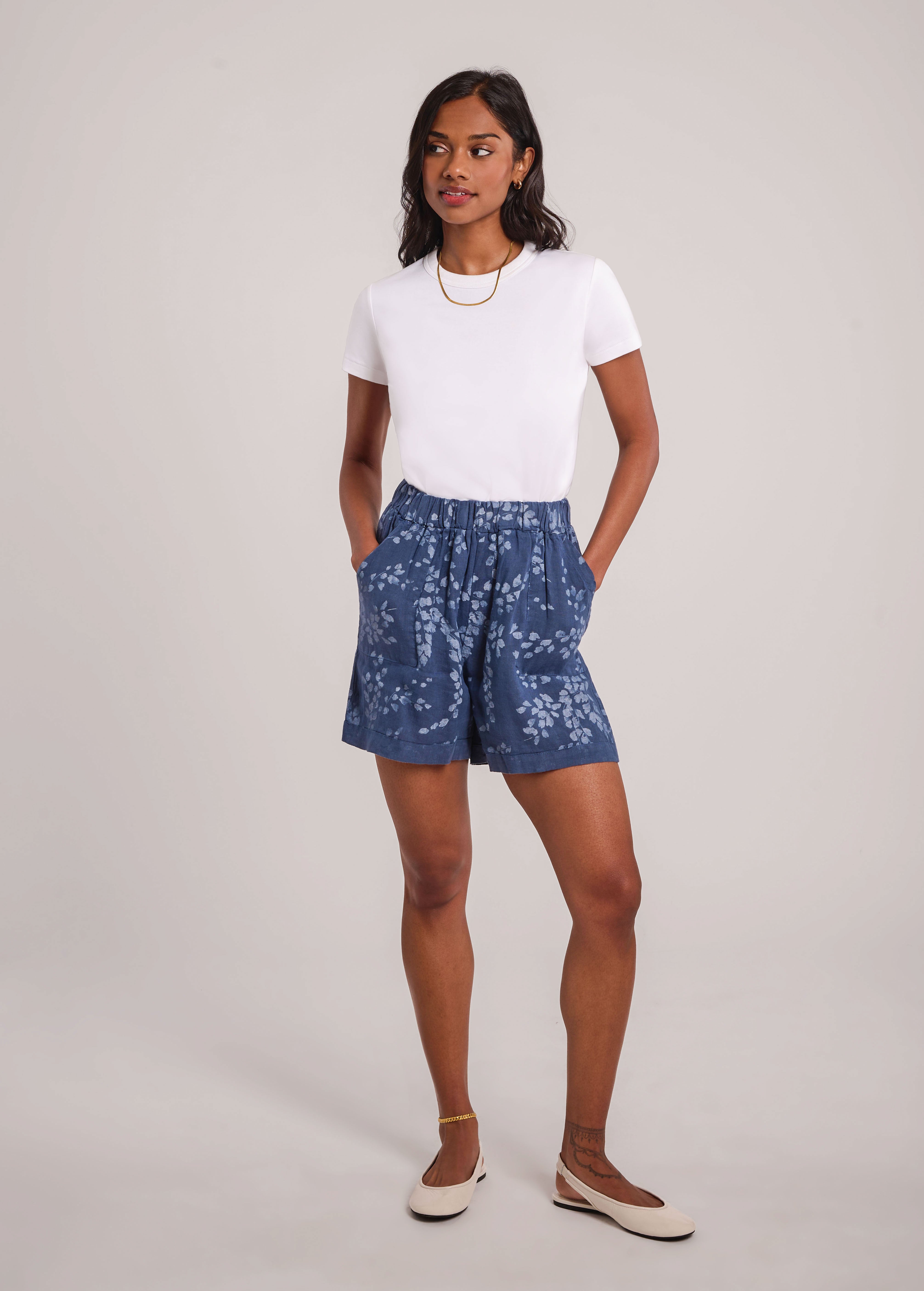 MILLER PRINTED WIDE LEG LINEN SHORTS / DENIM