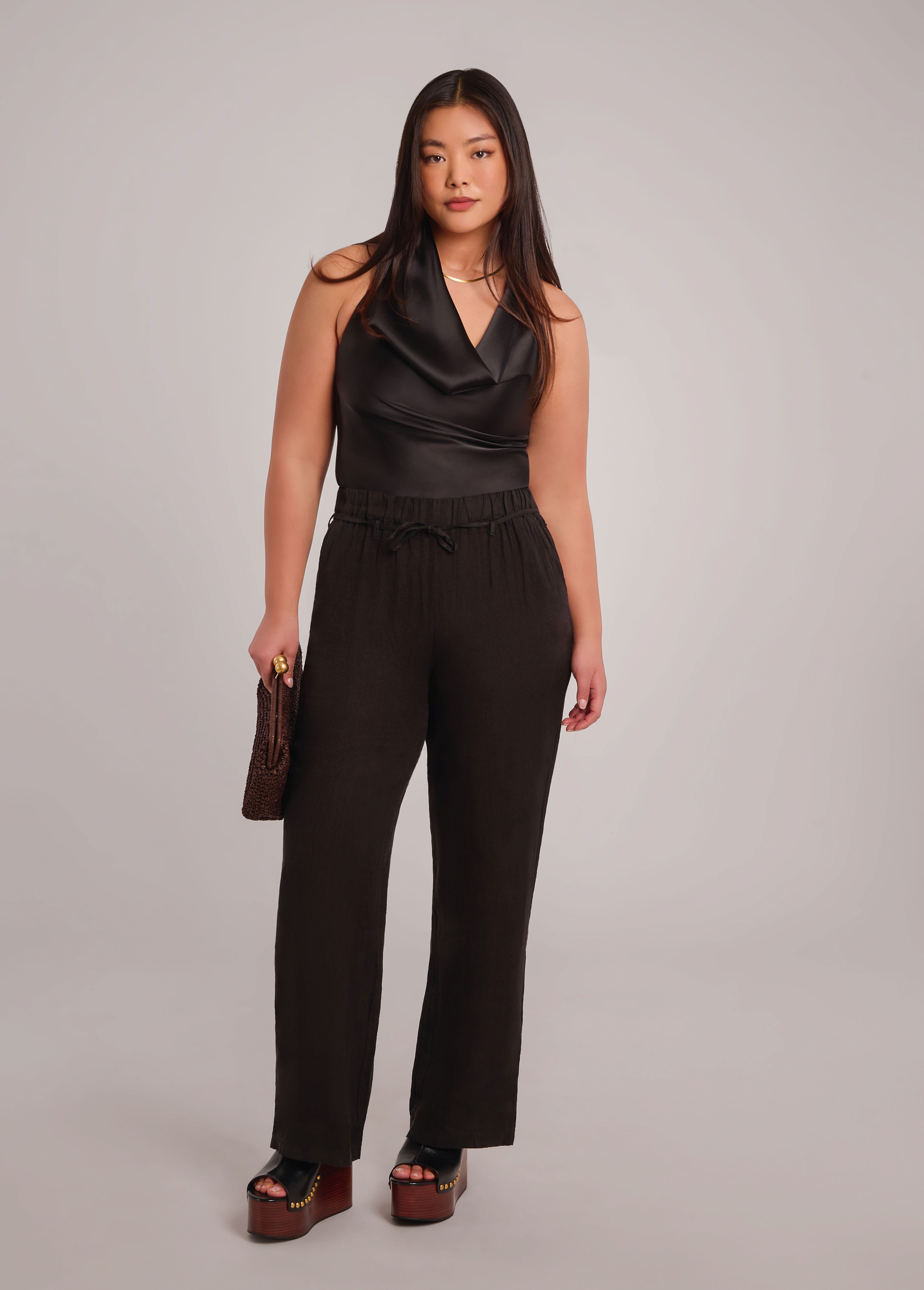 NORA BELTED LINEN TROUSERS / BLACK