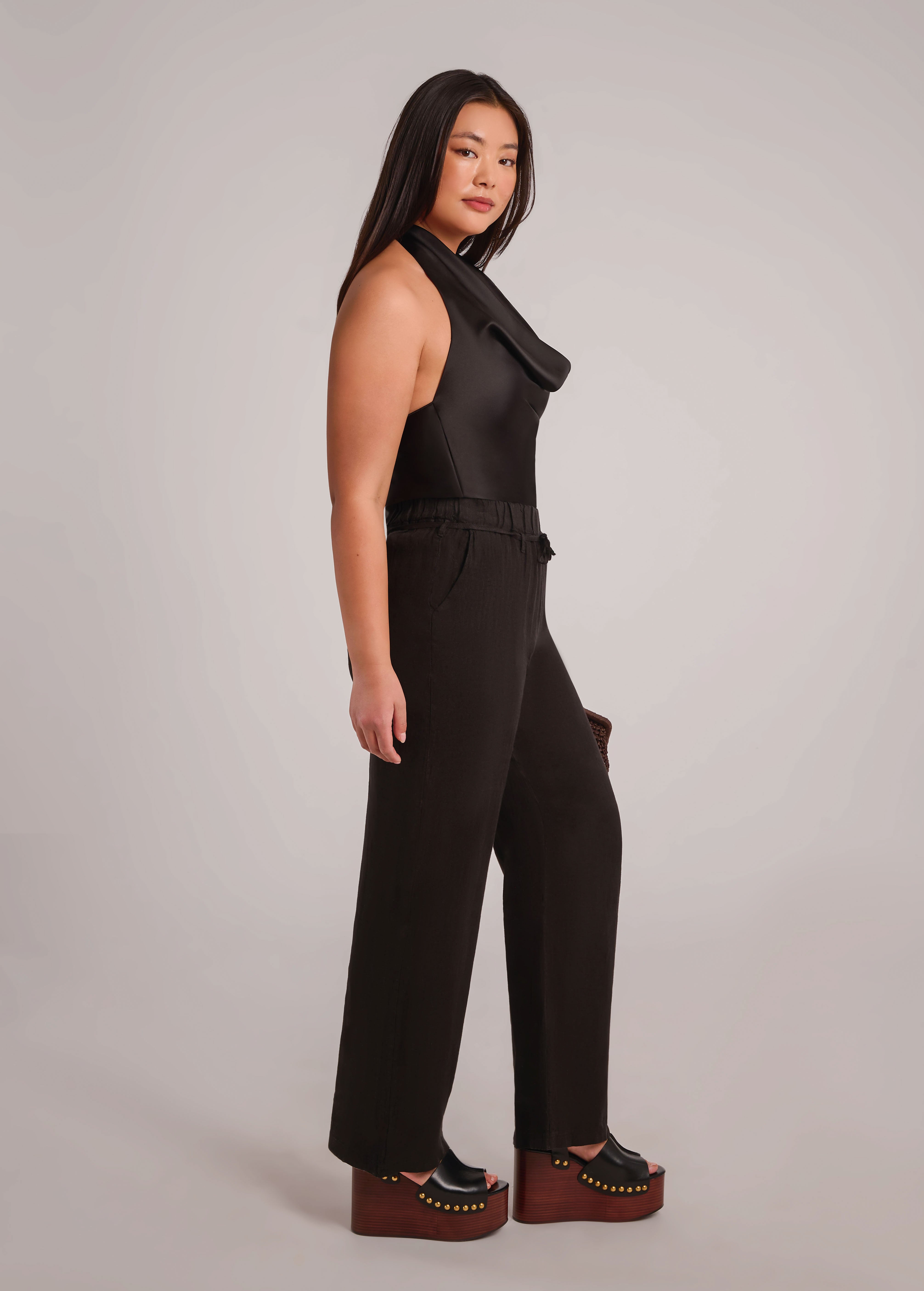 NORA BELTED LINEN TROUSERS / BLACK