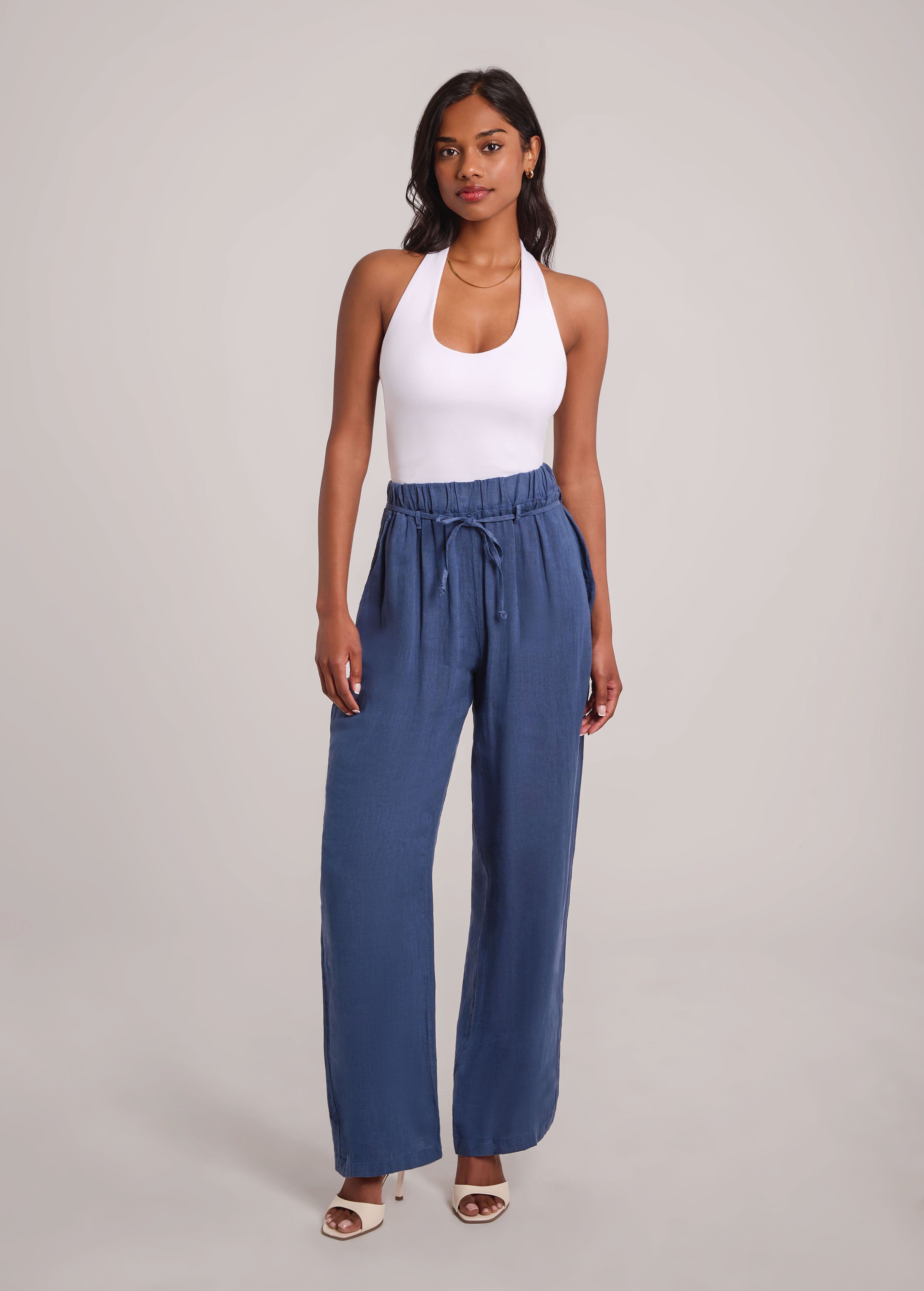 NORA BELTED LINEN TROUSERS / DENIM