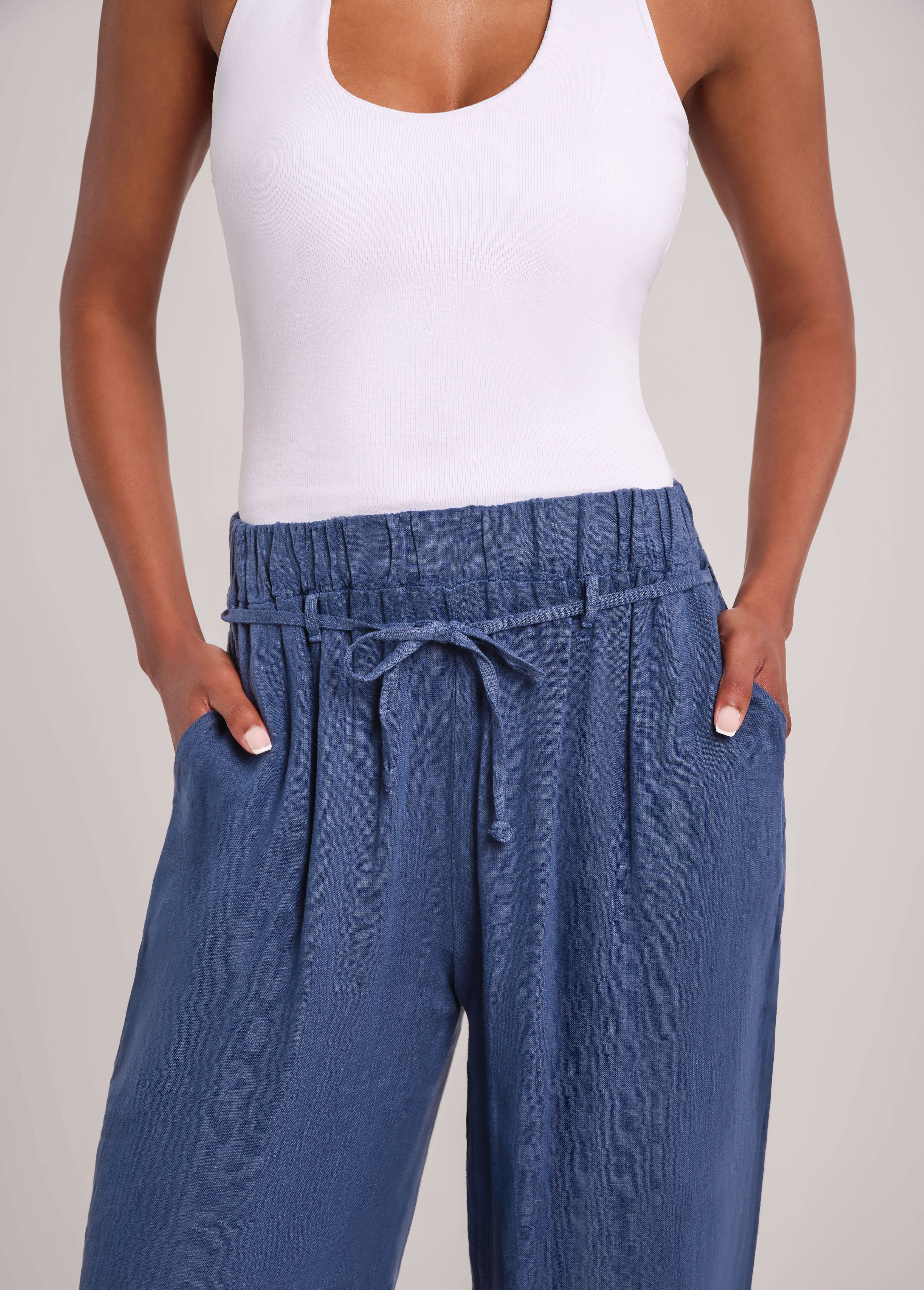 NORA BELTED LINEN TROUSERS / DENIM