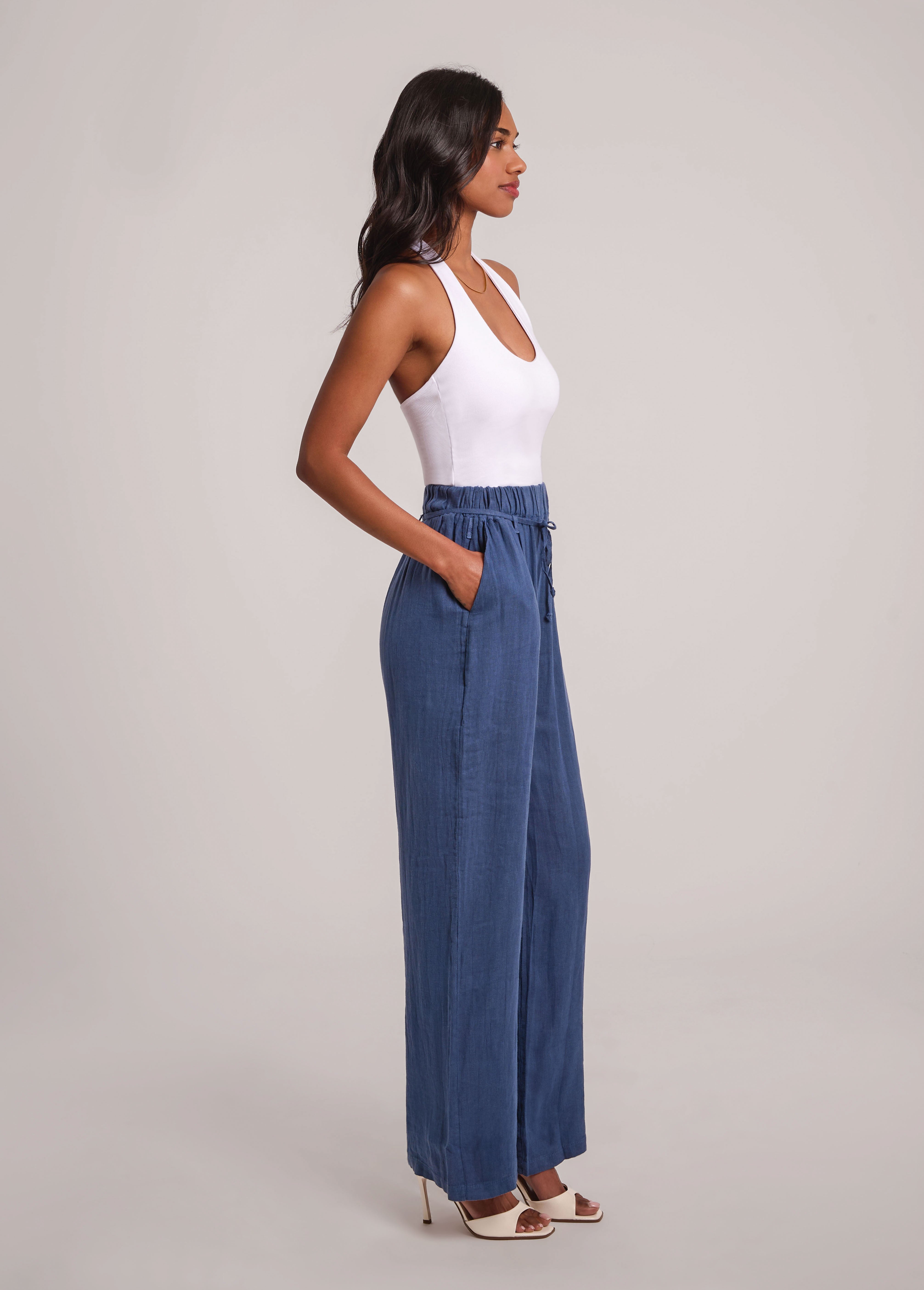 NORA BELTED LINEN TROUSERS / DENIM