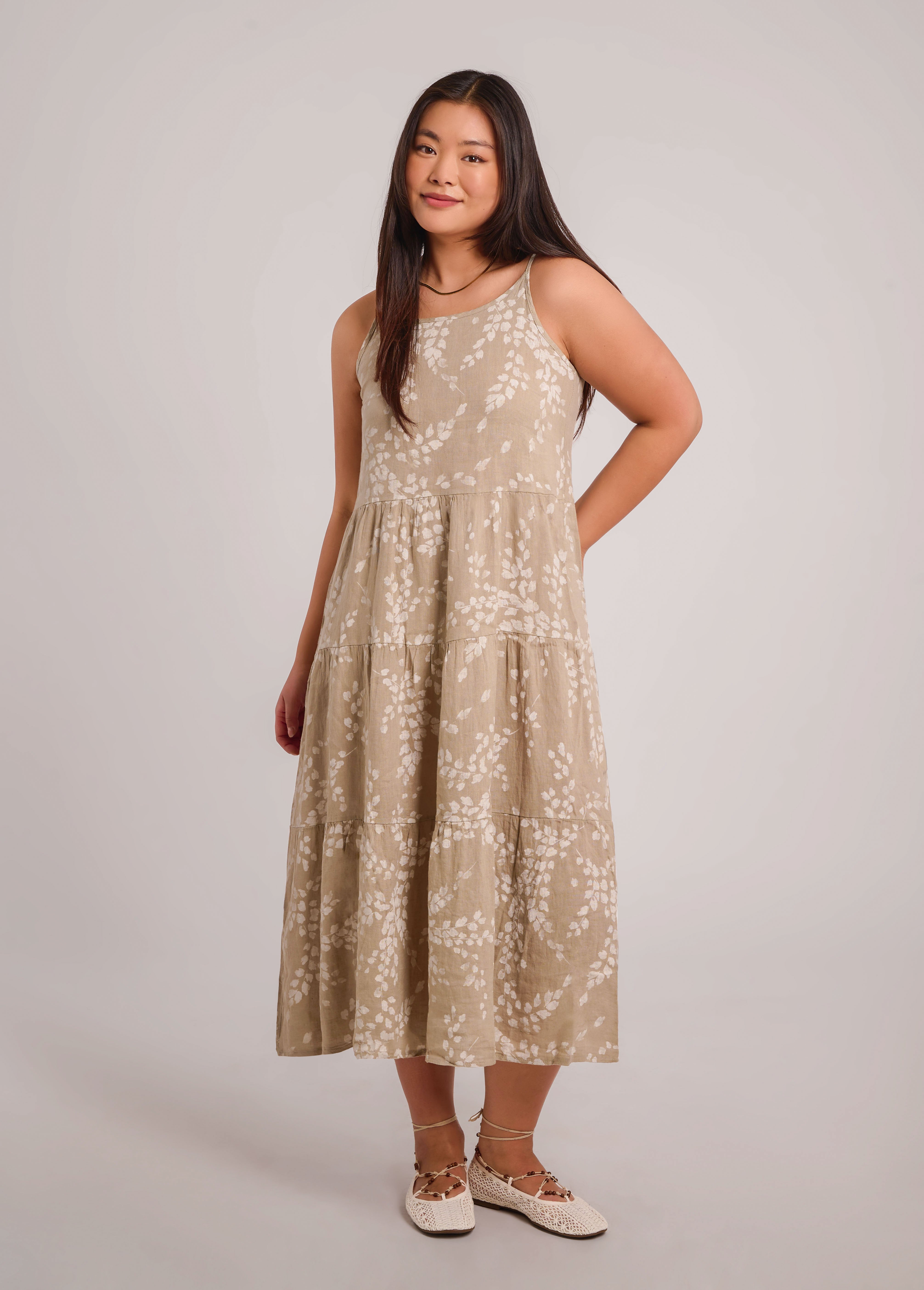 IRIS PRINTED ANKLE-GRAZING LINEN DRESS / SAND DUNE