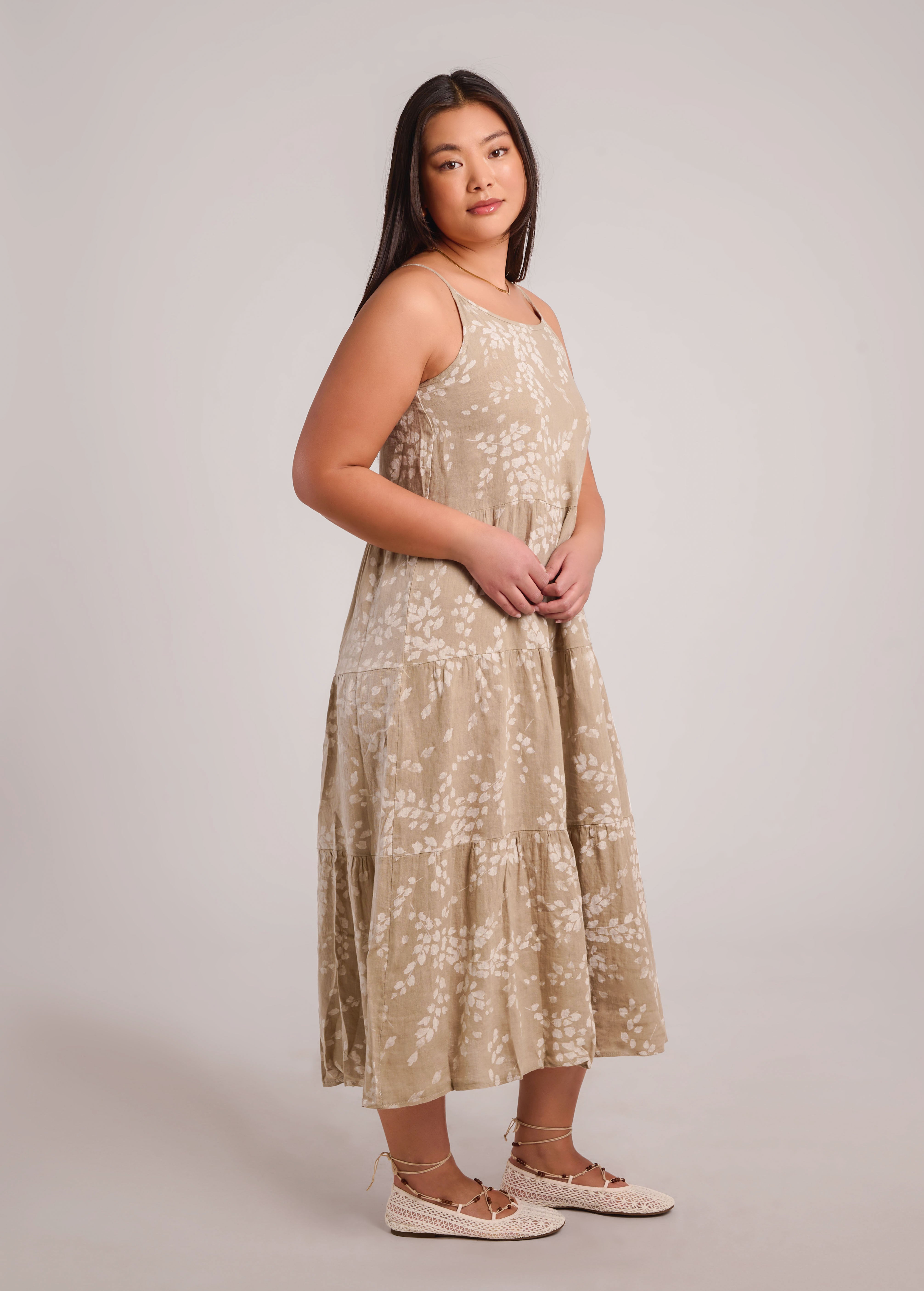 IRIS PRINTED ANKLE-GRAZING LINEN DRESS / SAND DUNE