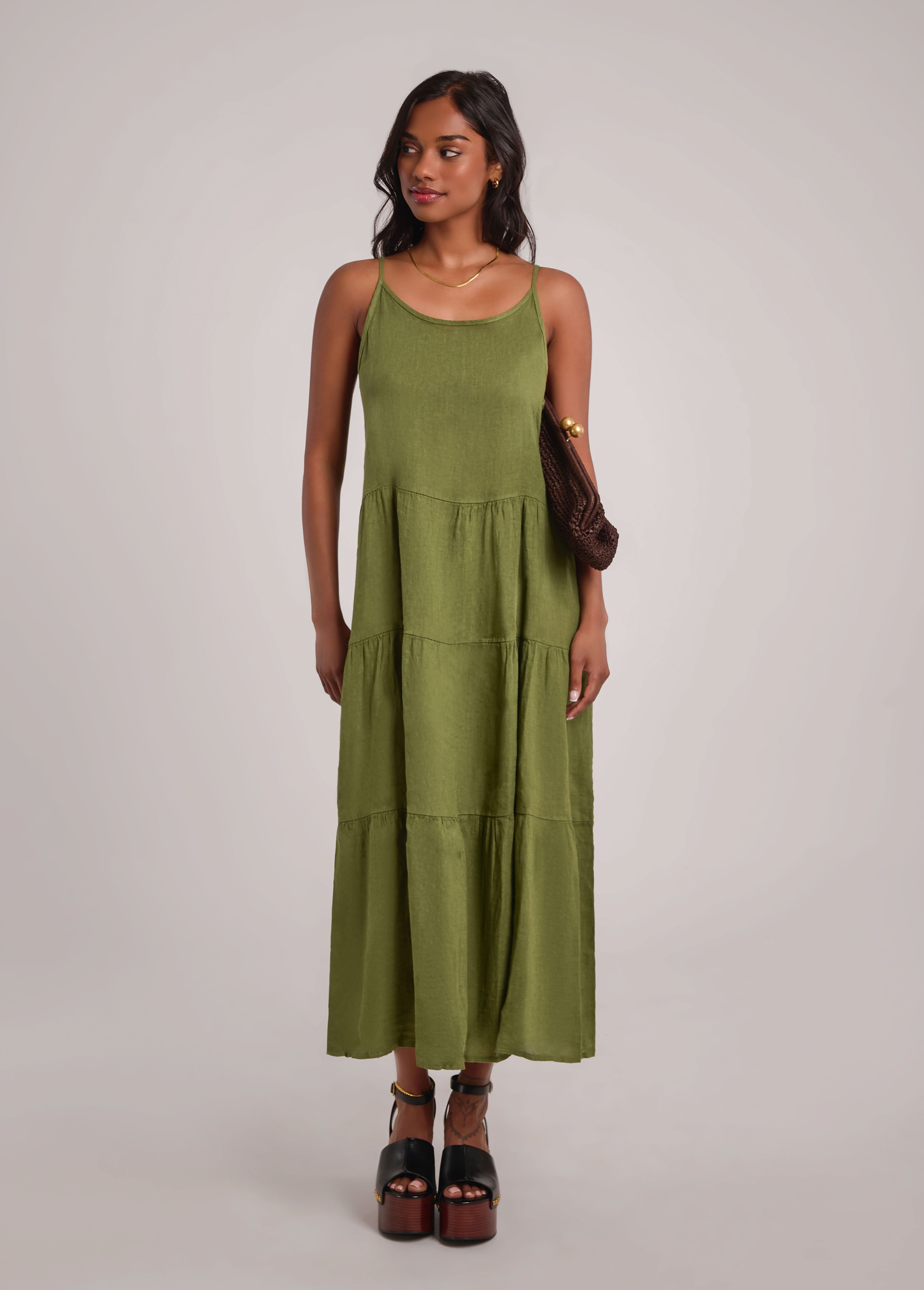 OPHELIA ANKLE GRAZING LINEN DRESS / MOSS