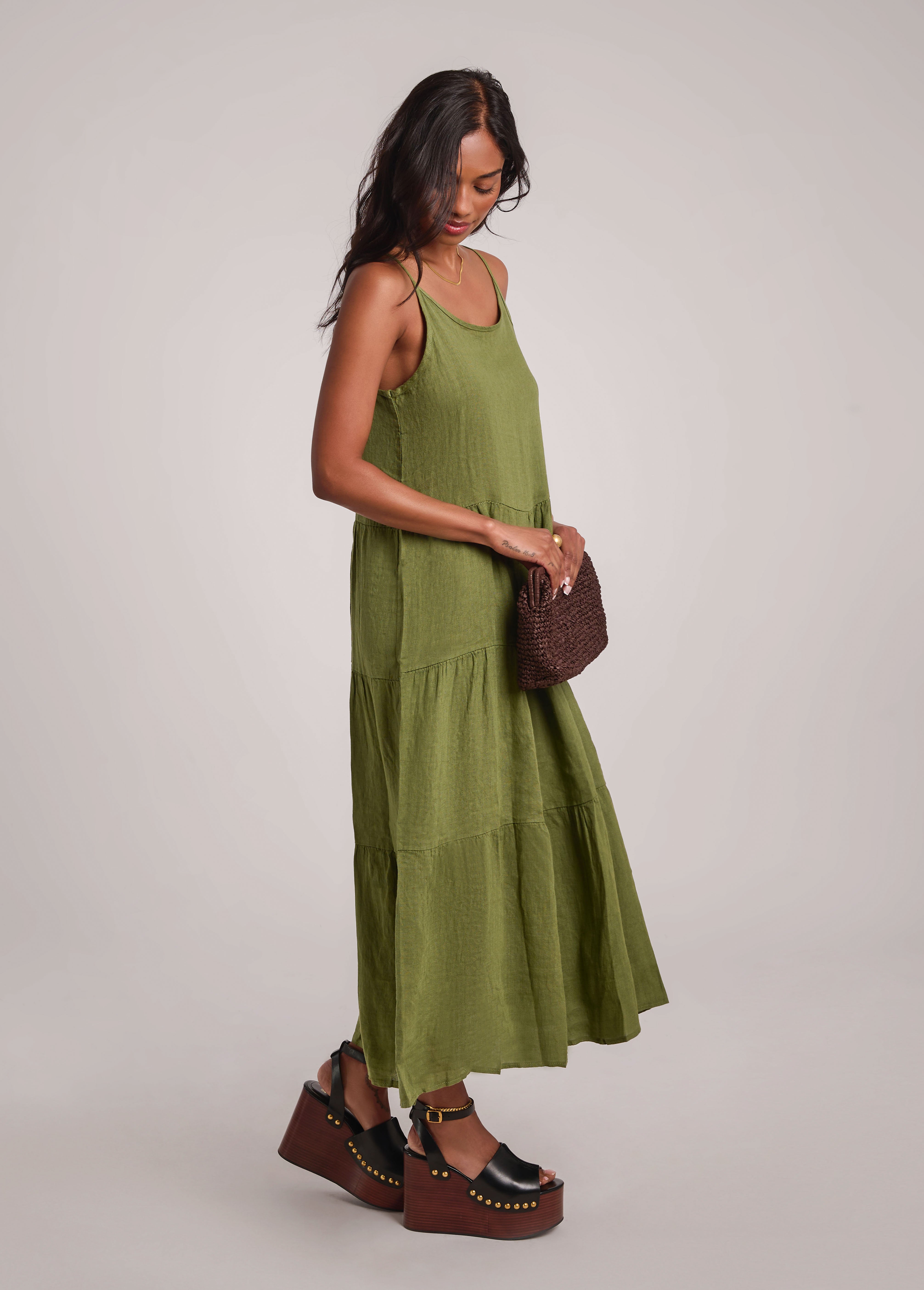 OPHELIA ANKLE GRAZING LINEN DRESS / MOSS