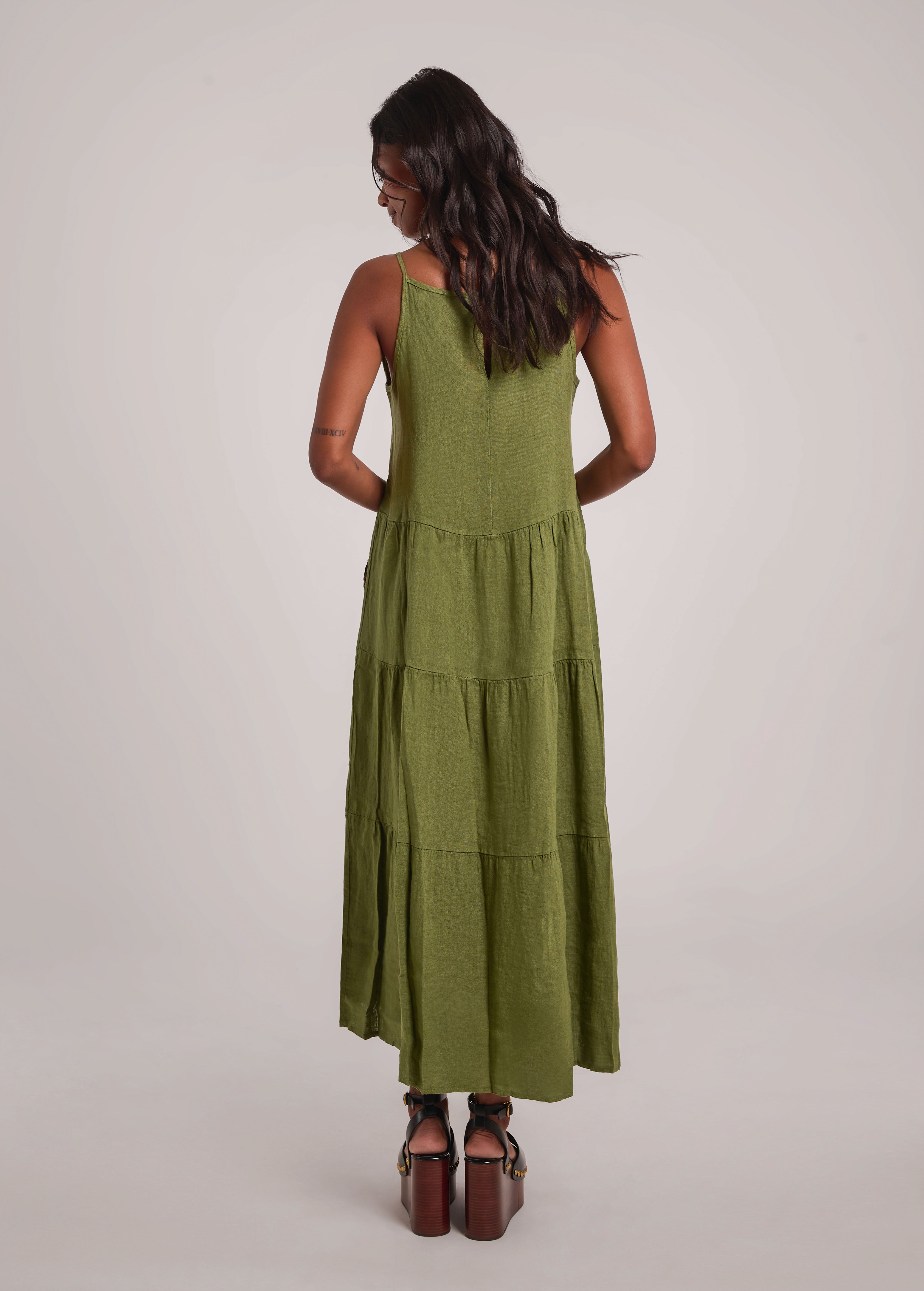 OPHELIA ANKLE GRAZING LINEN DRESS / MOSS