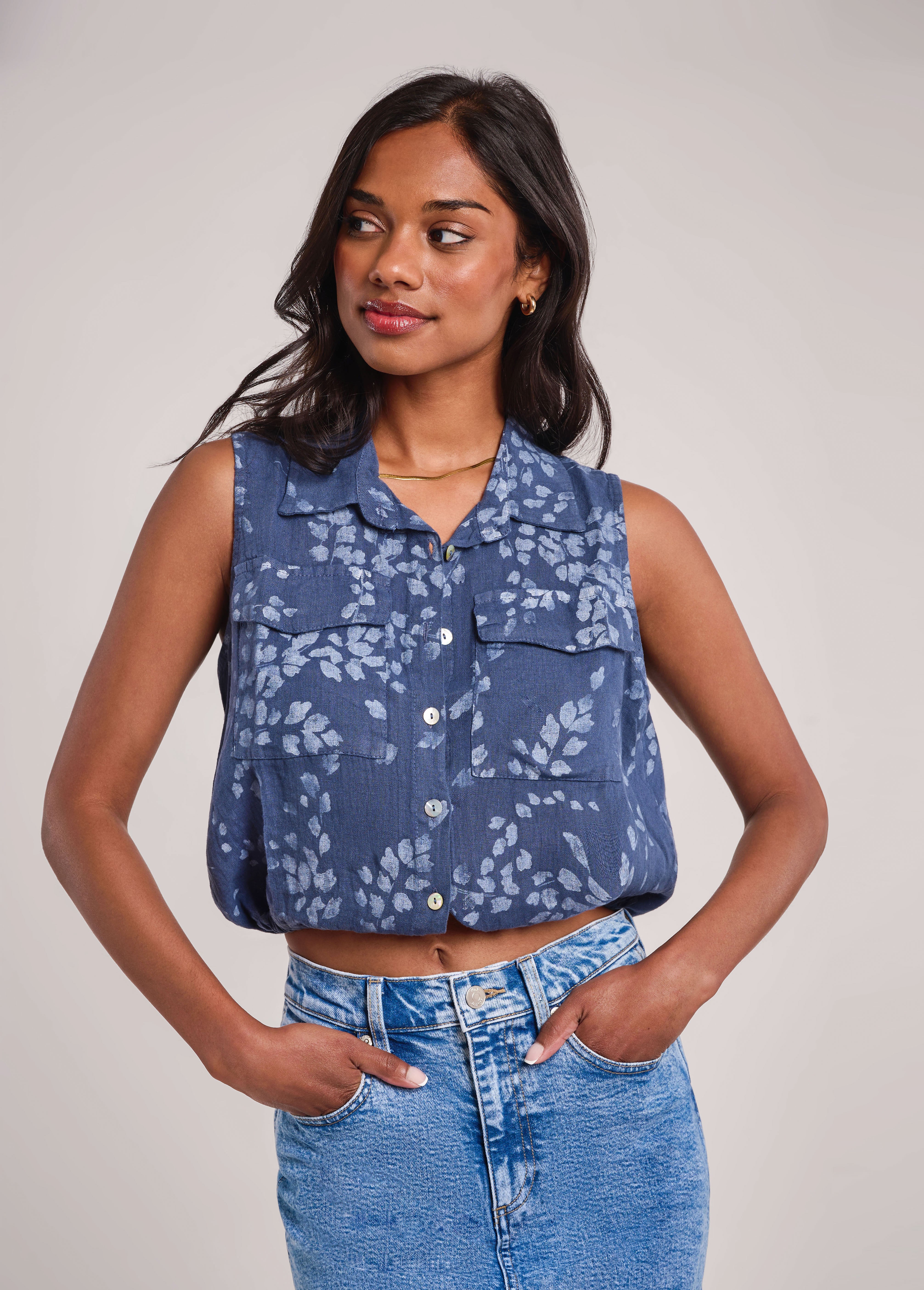 RAIN PRINTED LINEN SLEEVELESS VEST / DENIM