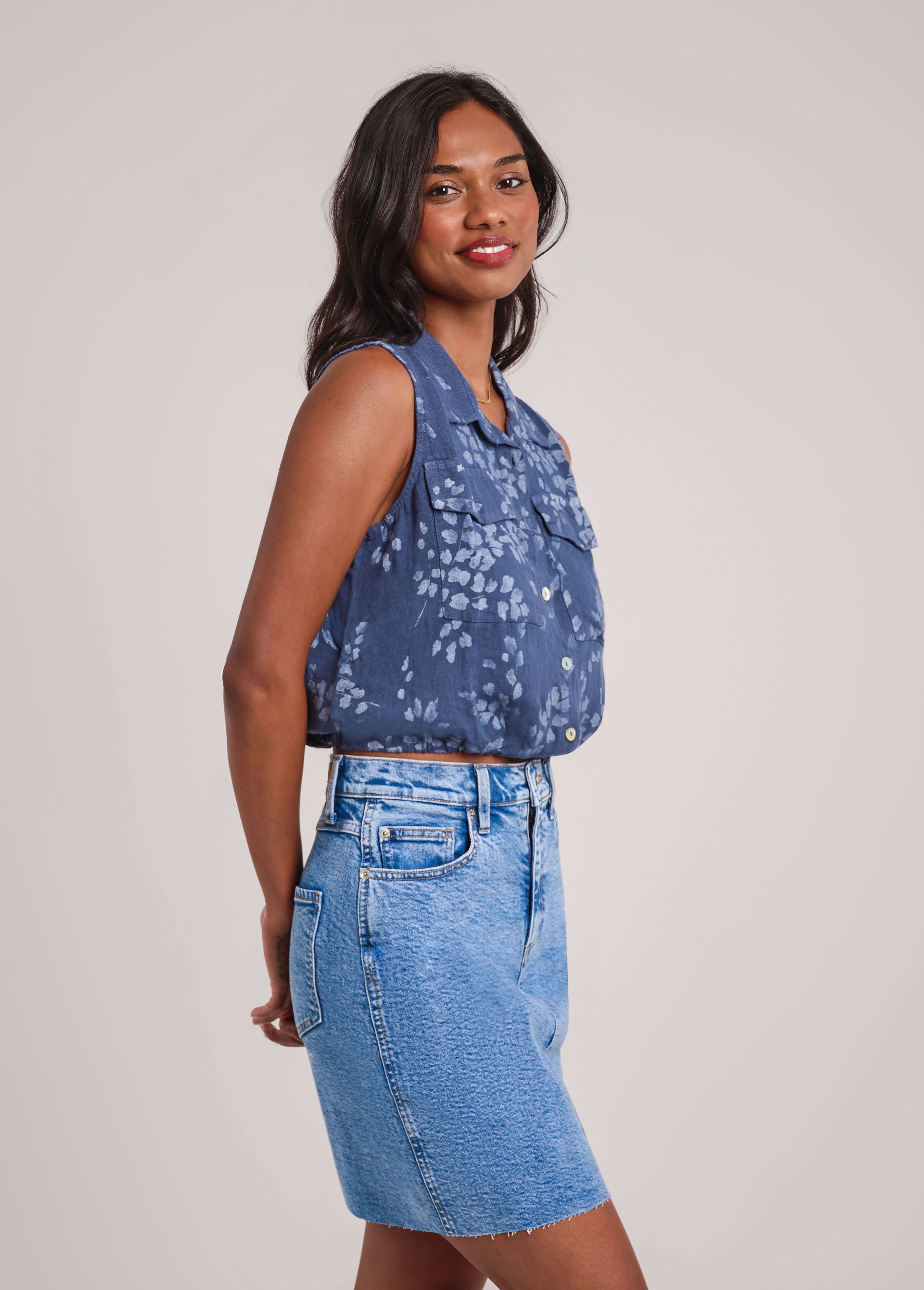 RAIN PRINTED LINEN SLEEVELESS VEST / DENIM