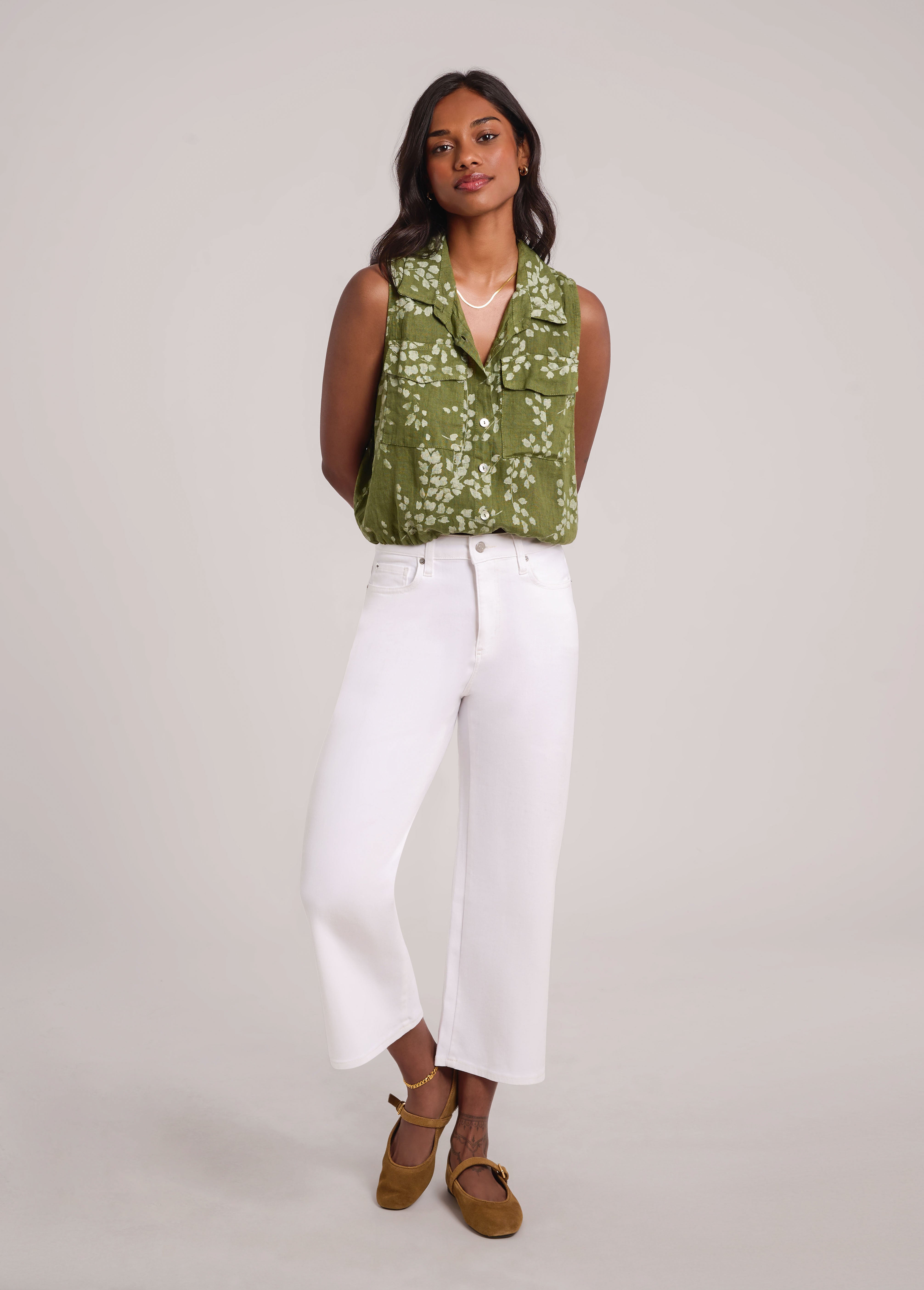 RAIN PRINTED LINEN SLEEVELESS VEST / MOSS