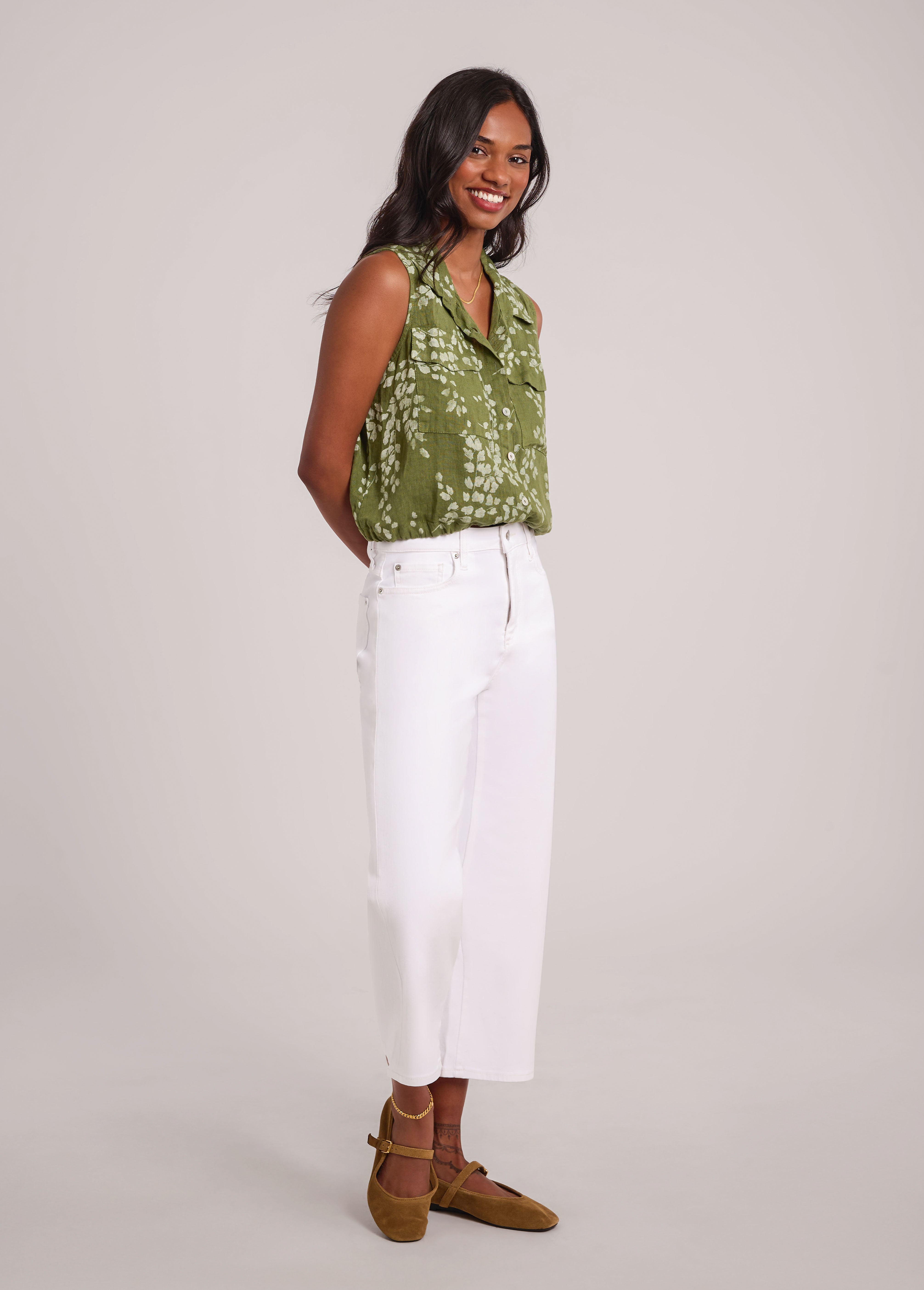 RAIN PRINTED LINEN SLEEVELESS VEST / MOSS