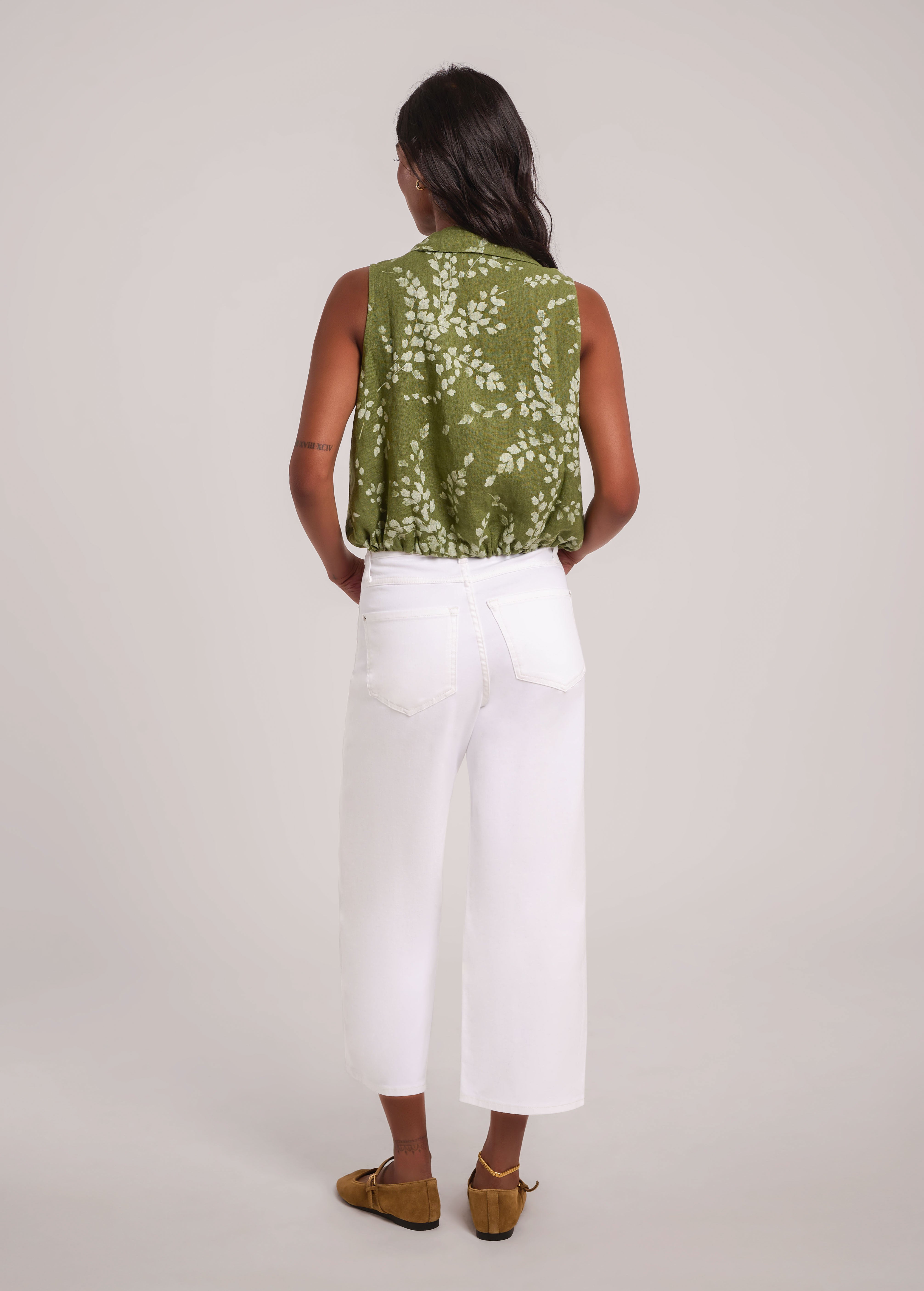 RAIN PRINTED LINEN SLEEVELESS VEST / MOSS