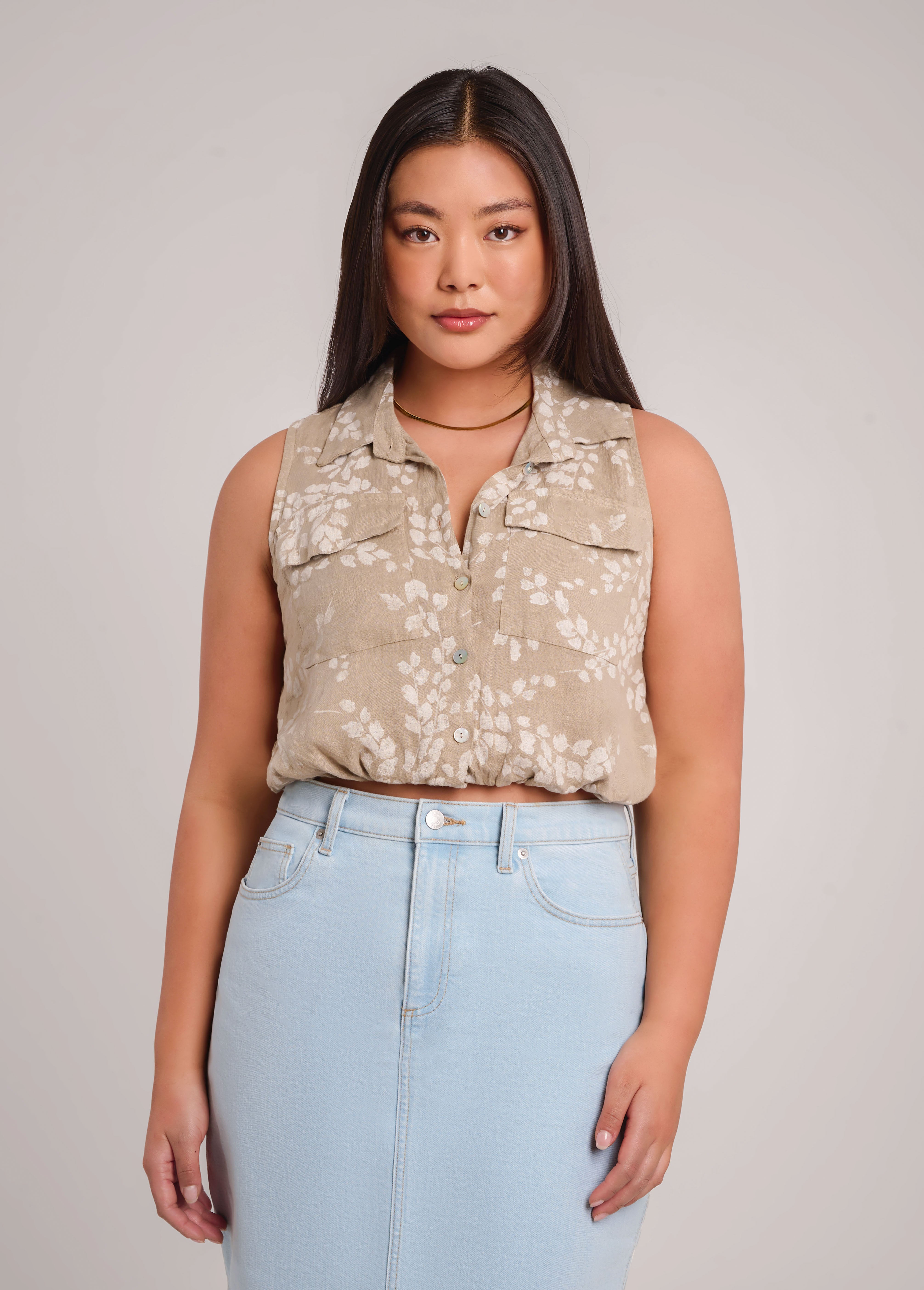 RAIN PRINTED LINEN SLEEVELESS VEST / SAND DUNE