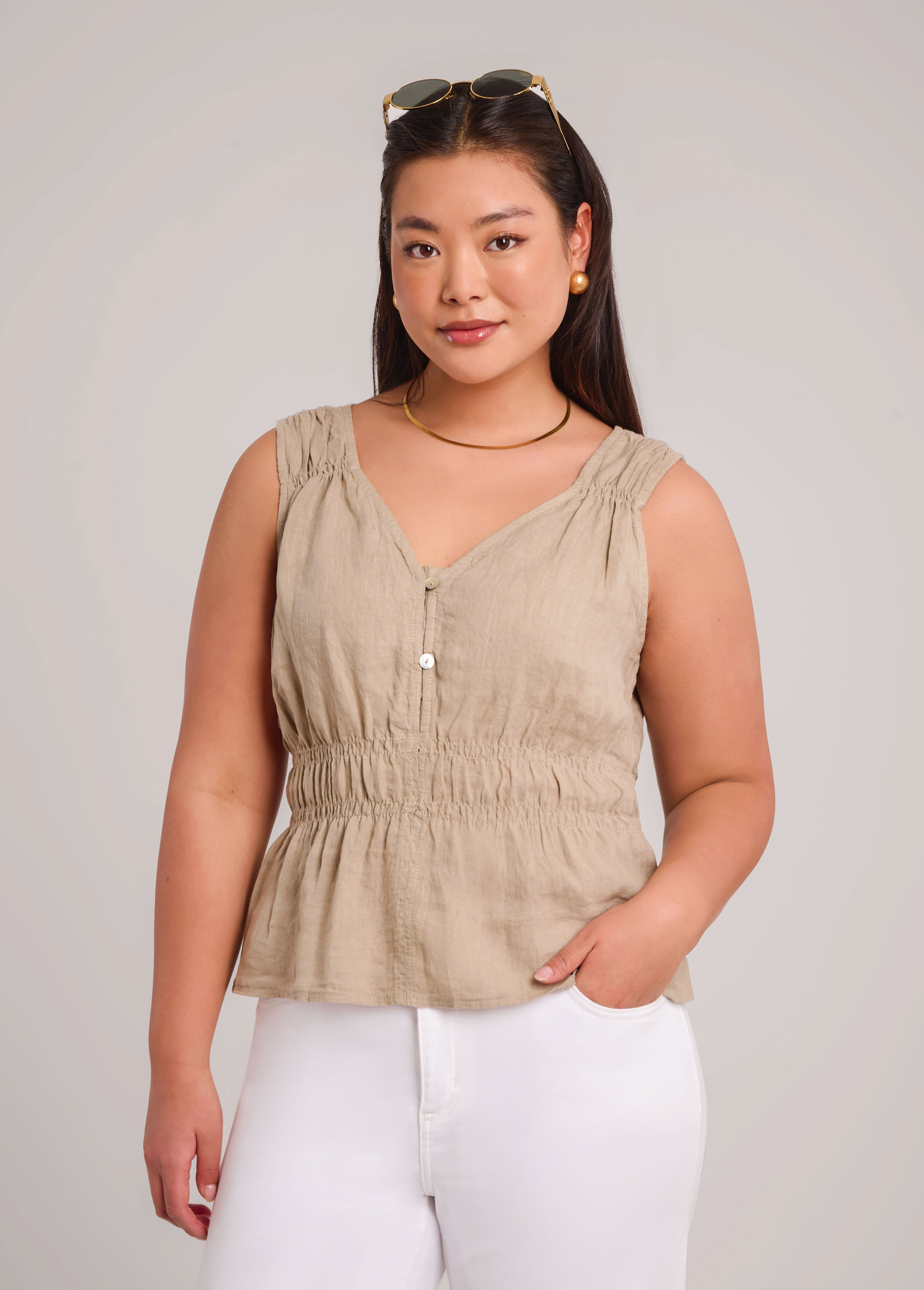 ELOISE V-NECK LINEN TANK TOP / SAND DUNE