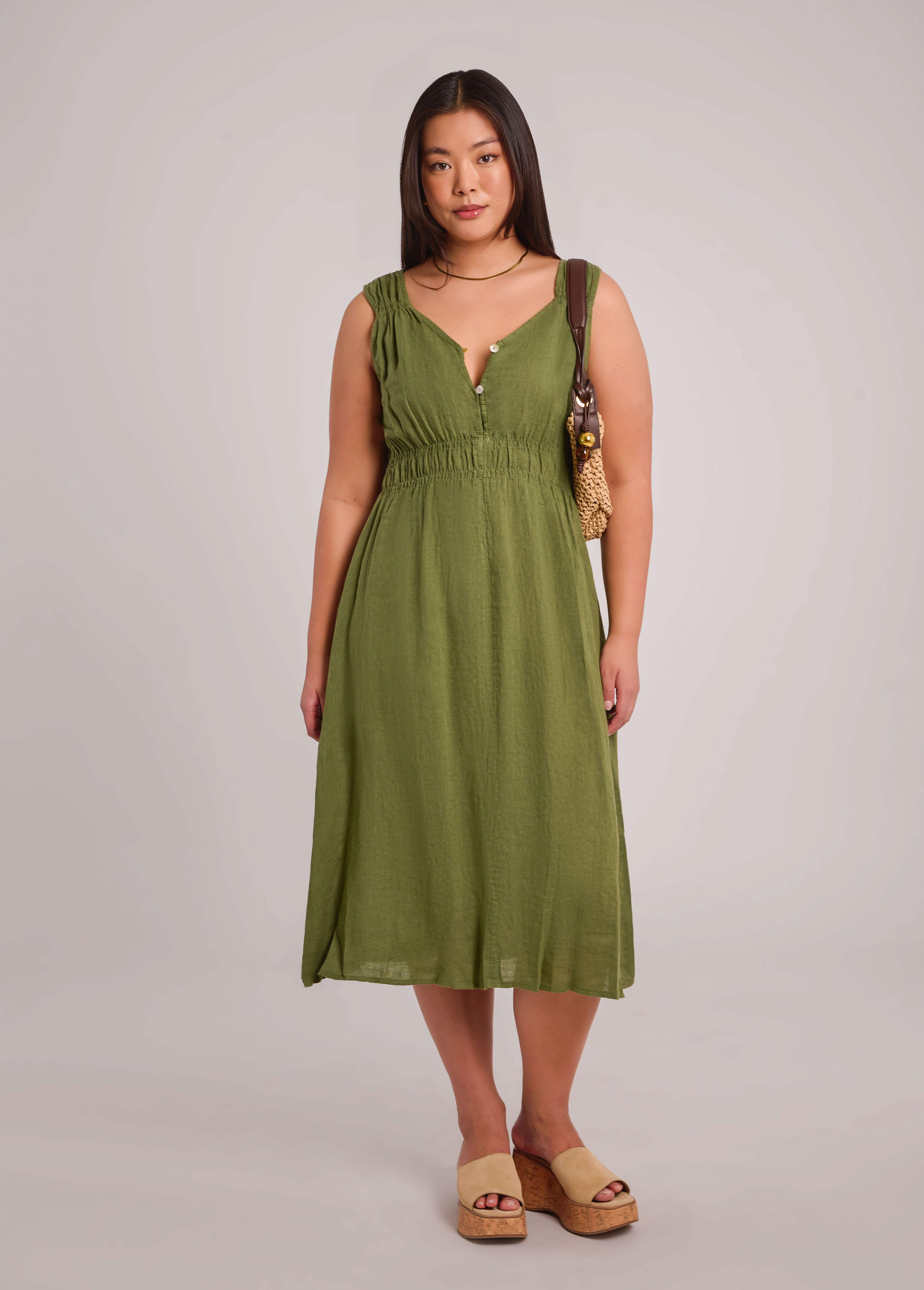 LUNA MIDI LINEN DRESS / MOSS