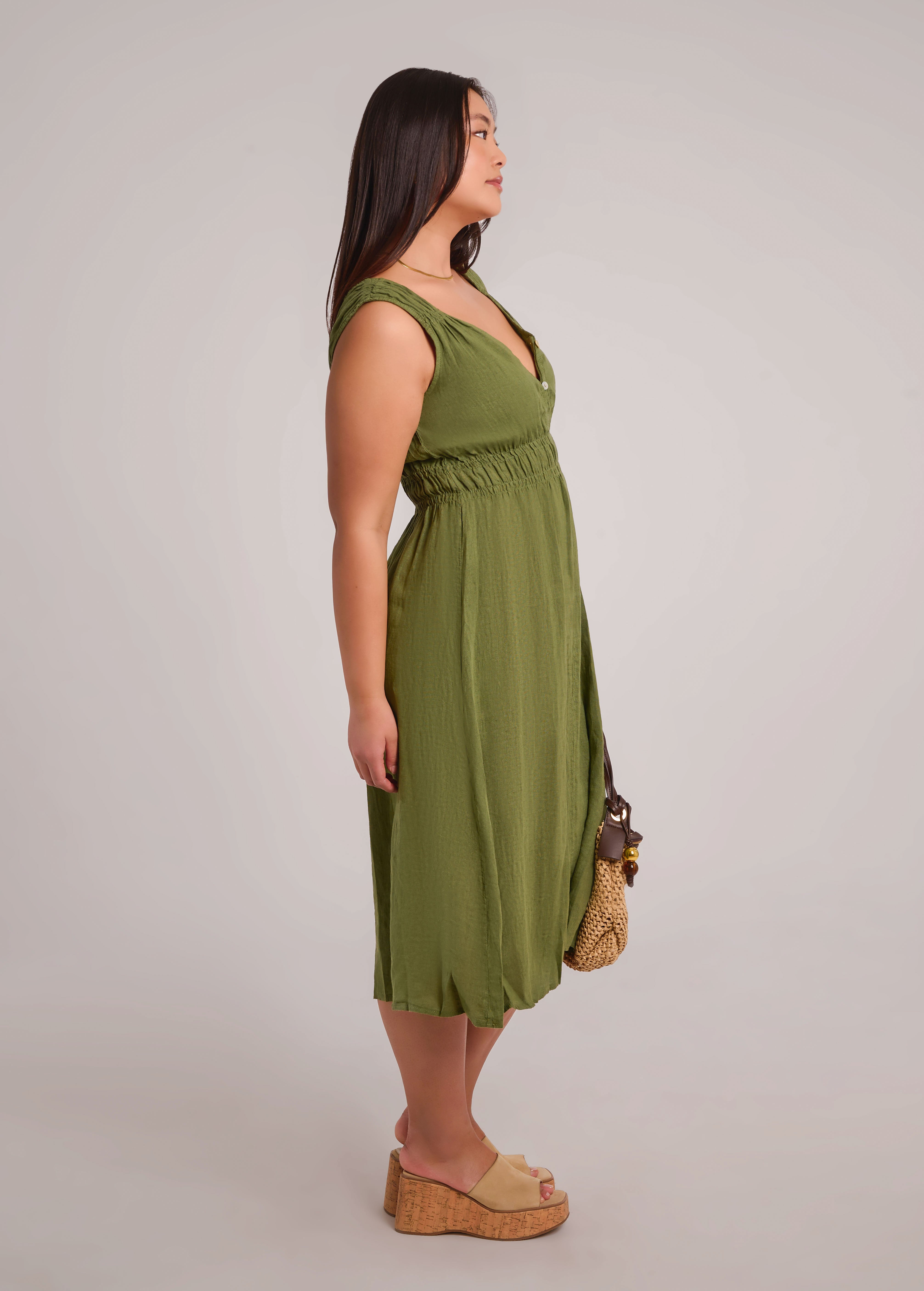 LUNA MIDI LINEN DRESS / MOSS
