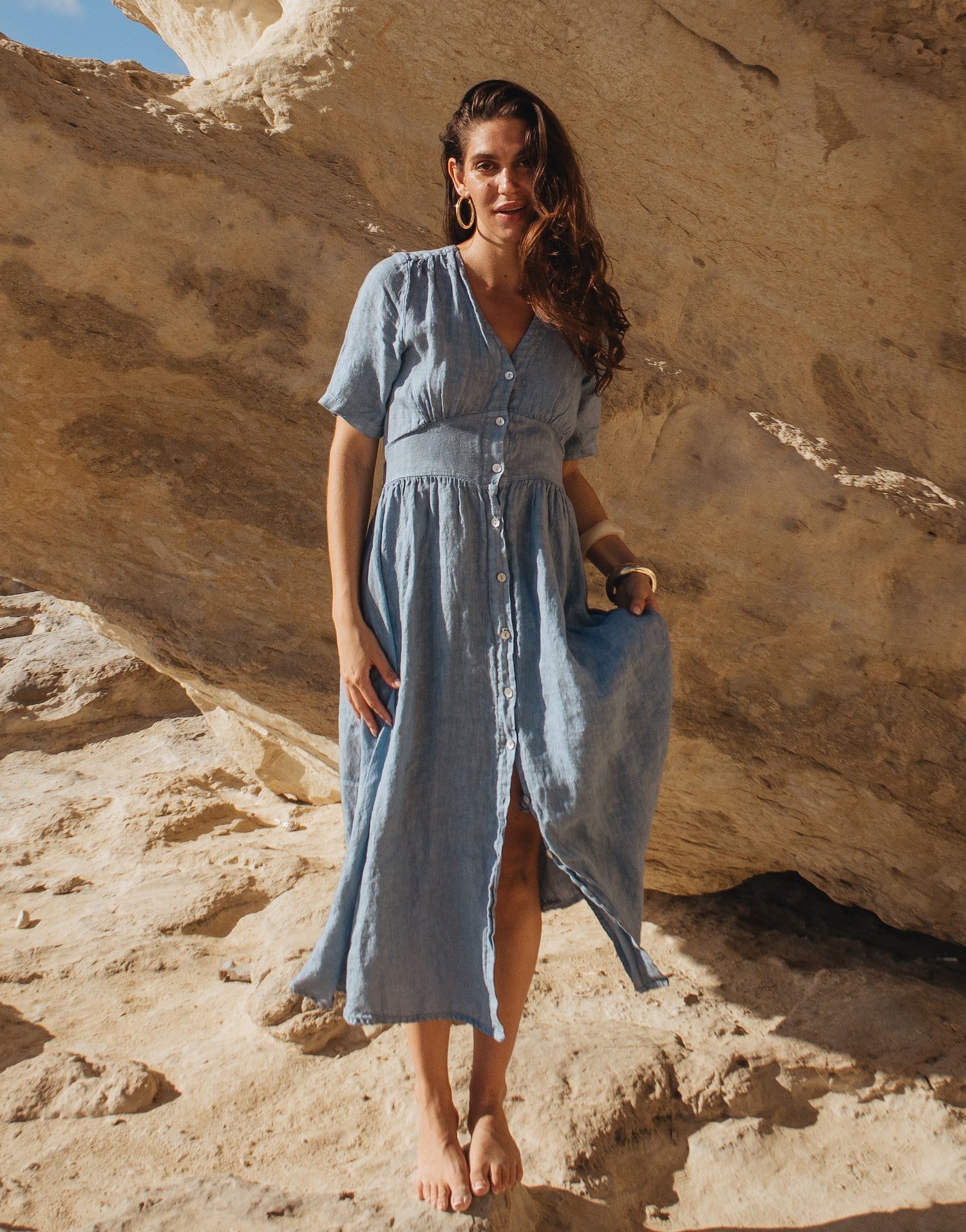 linen denim dress J.McLaughlin Women's Charlotta Embroidered Linen Dress Denim Blue, Size Medium