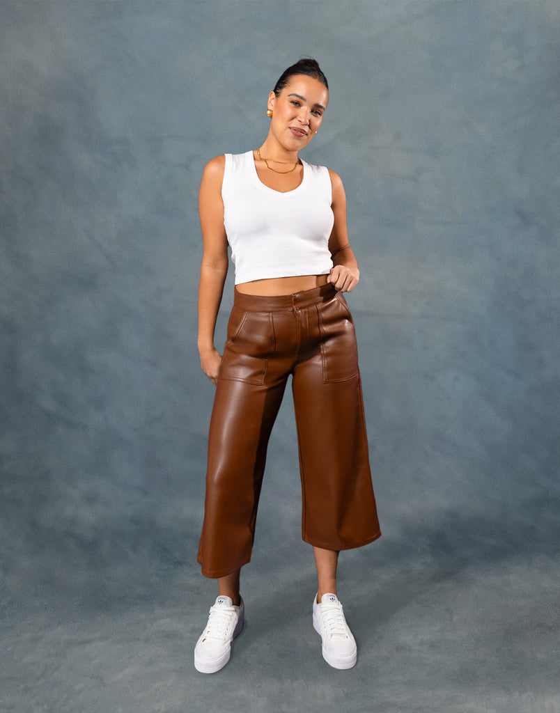 LILY WIDE LEG VEGAN LEATHER PANT / DARK BROWN