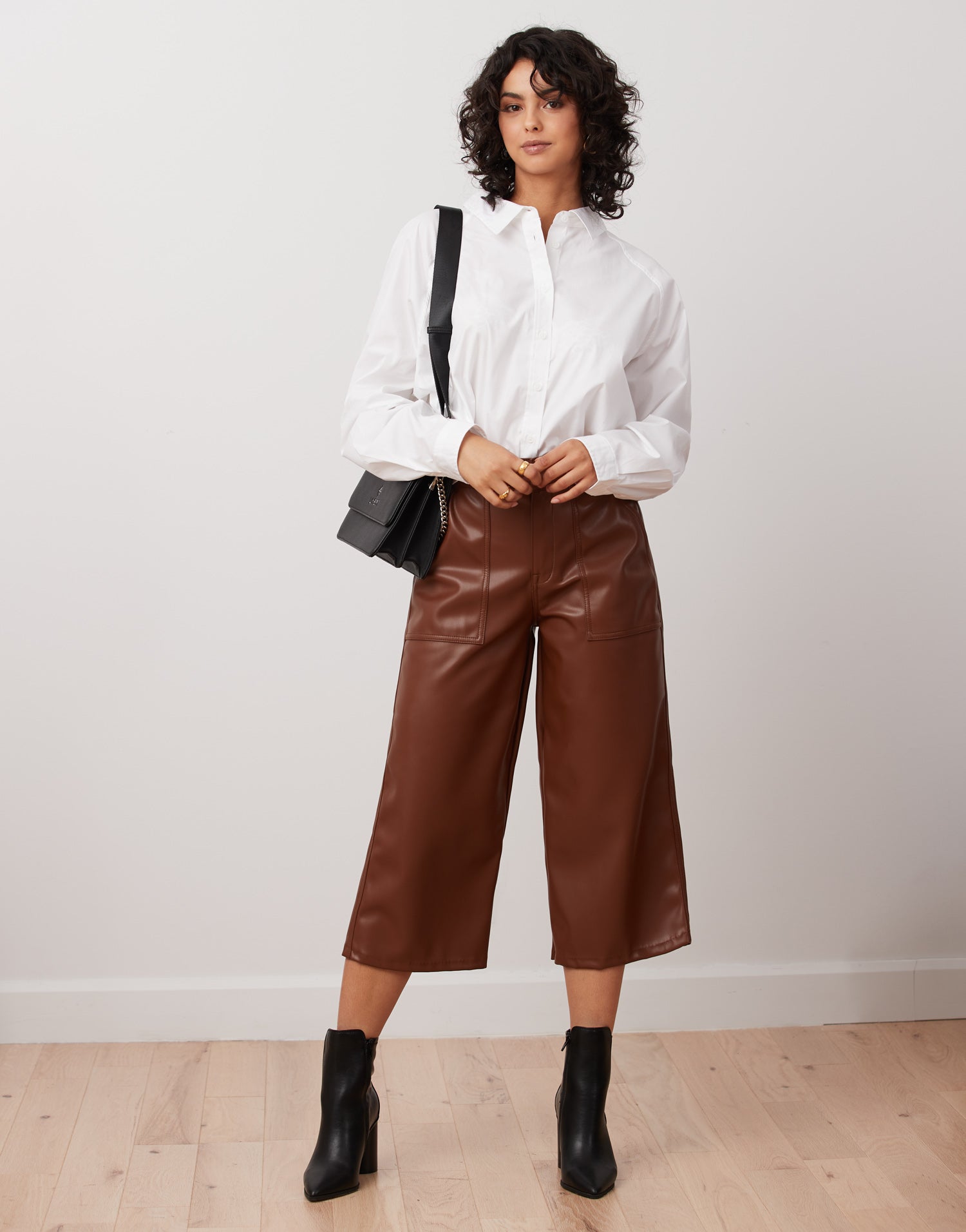 LILY WIDE LEG VEGAN LEATHER PANT / DARK BROWN