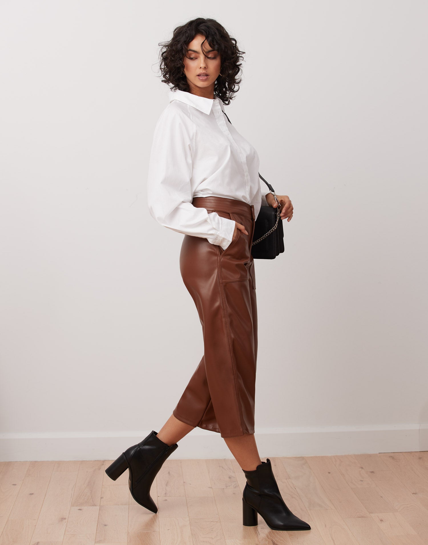 LILY WIDE LEG VEGAN LEATHER PANT / DARK BROWN