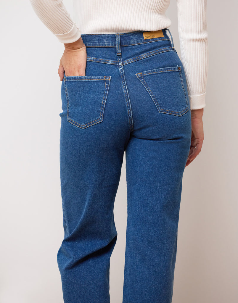 medium blue wide leg jeans