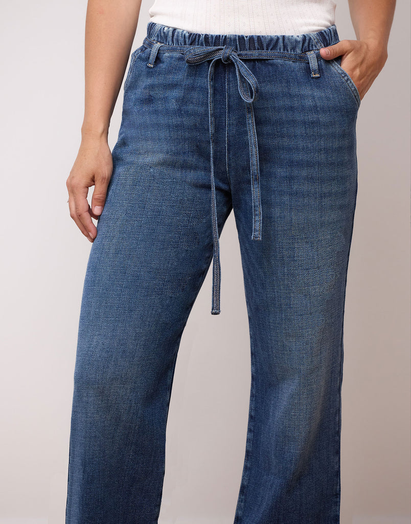 mid-blue wide leg jeans
