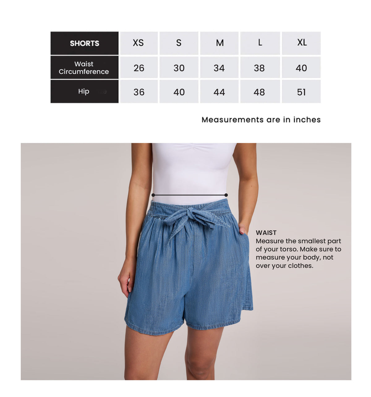Measurement chart for shorts with a person wearing blue shorts on a plain background