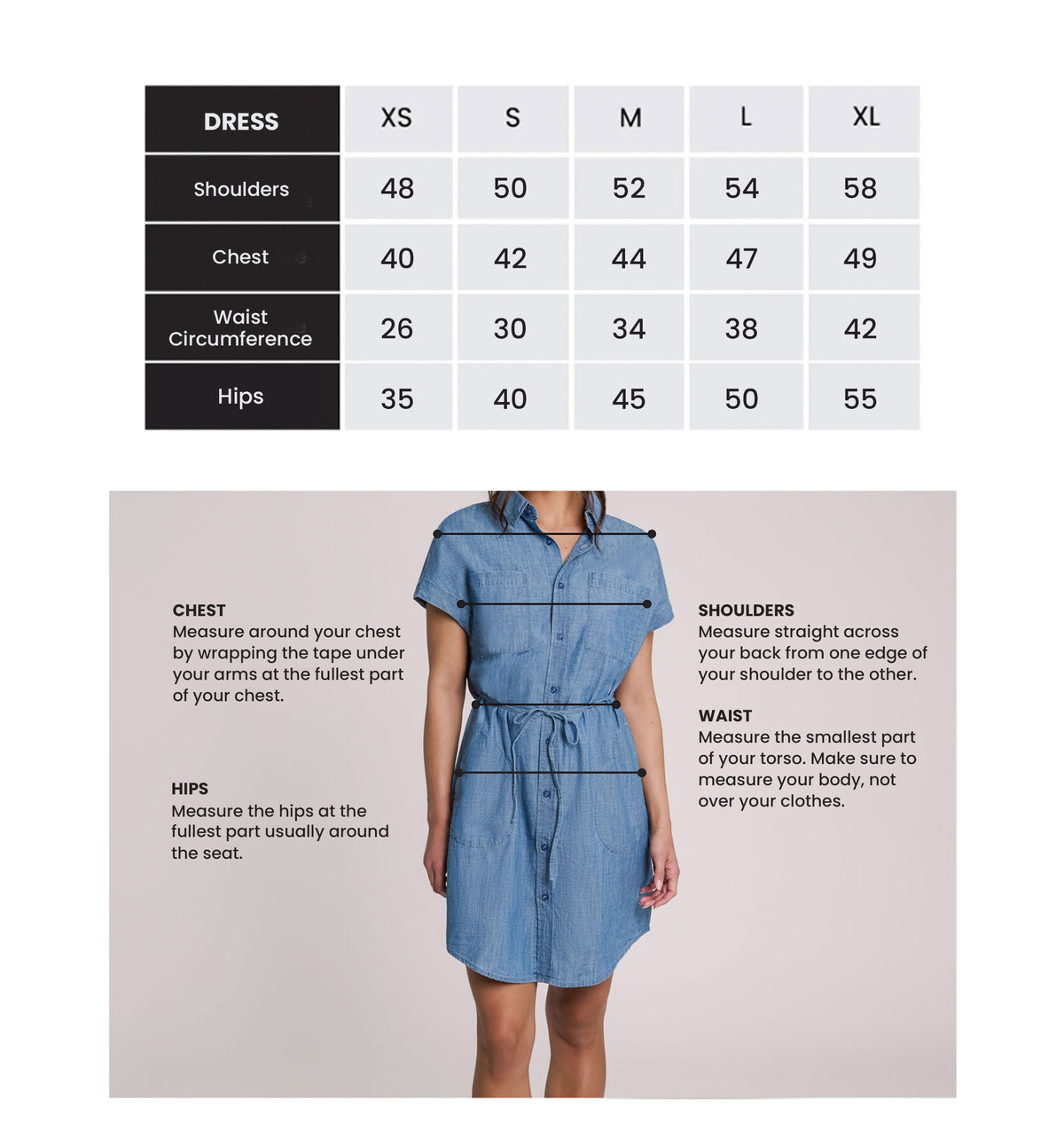 Denim dress size chart with measurements and a model wearing the dress.