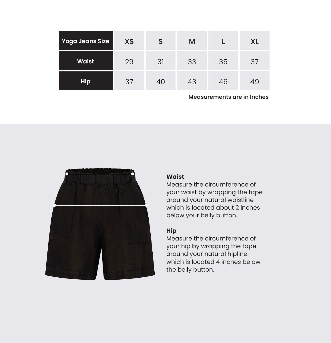 Black shorts with size chart and measurement instructions on a light gray background