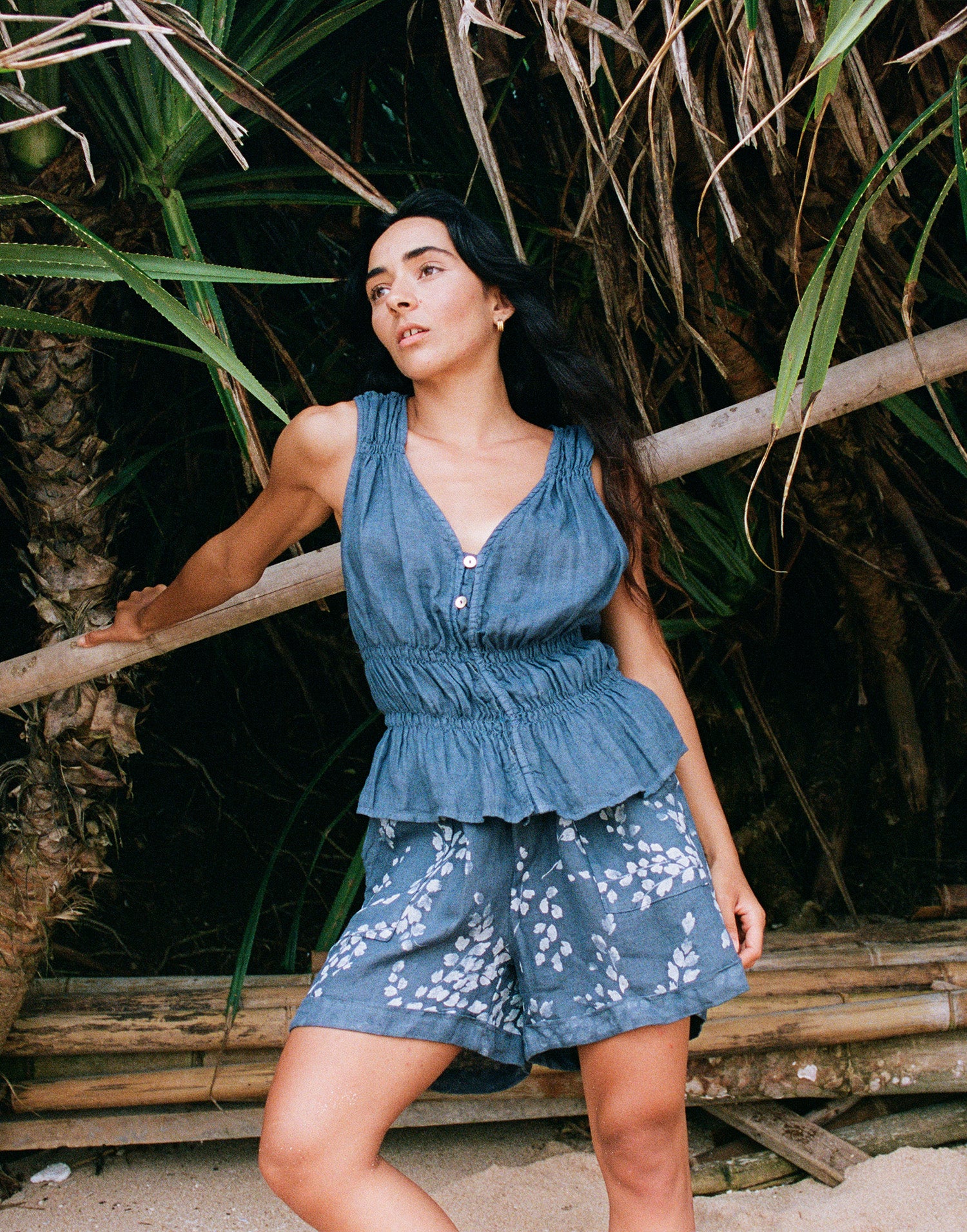 MILLER PRINTED WIDE LEG LINEN SHORTS / DENIM