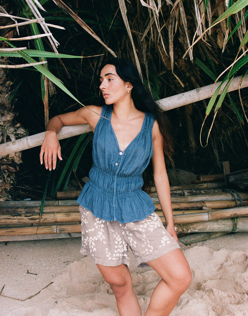 MILLER PRINTED WIDE LEG LINEN SHORTS / SAND DUNE