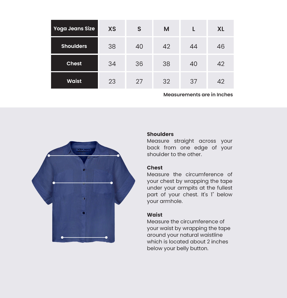 Measurement chart for a blue shirt with size guide and measurement instructions.
