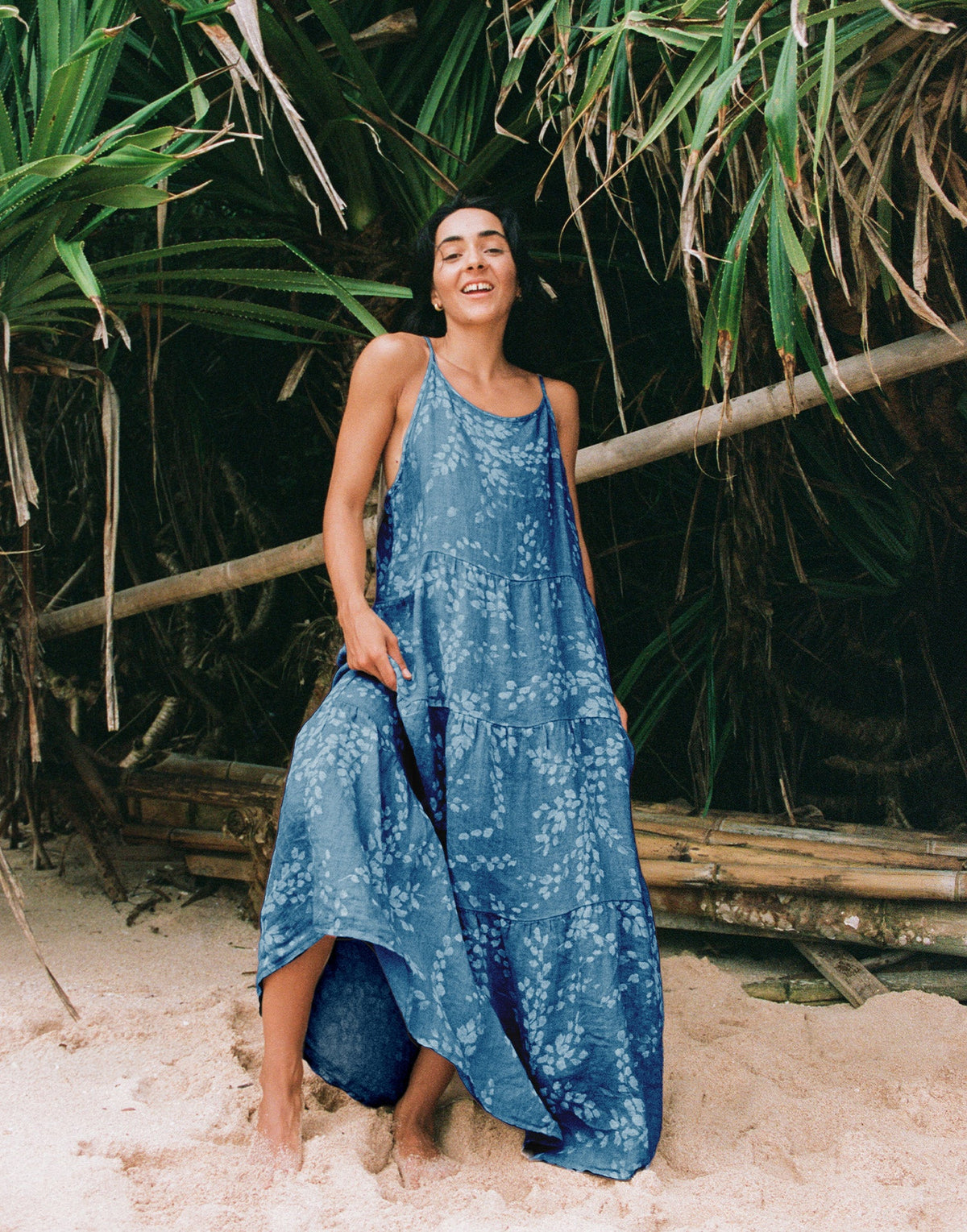 IRIS PRINTED ANKLE-GRAZING LINEN DRESS / DENIM XL
