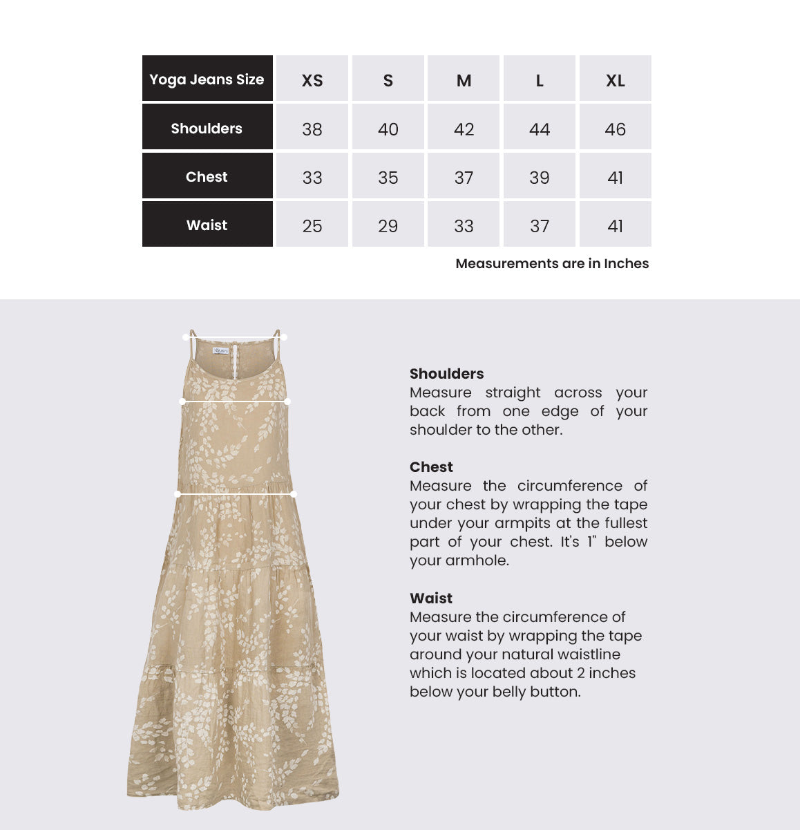Measurement chart for yoga jeans with a beige dress on a light gray background