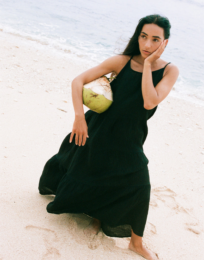 OPHELIA ANKLE GRAZING LINEN DRESS / BLACK