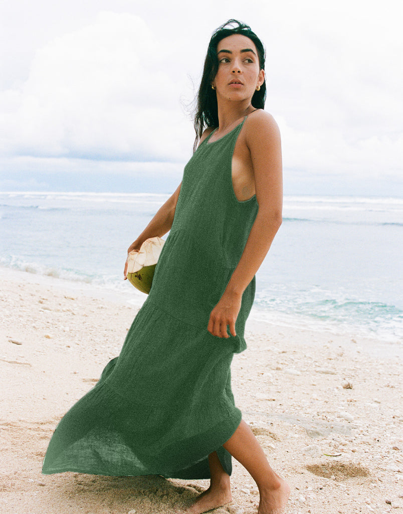 OPHELIA ANKLE GRAZING LINEN DRESS / MOSS