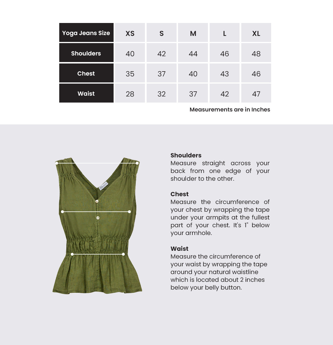 Green top with measurement guide and size chart on a white background