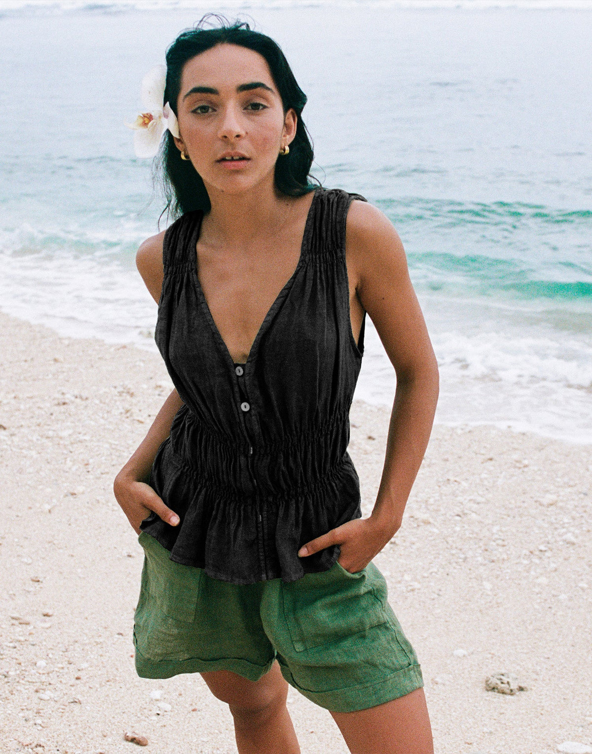 ELOISE V-NECK LINEN TANK TOP / BLACK XL