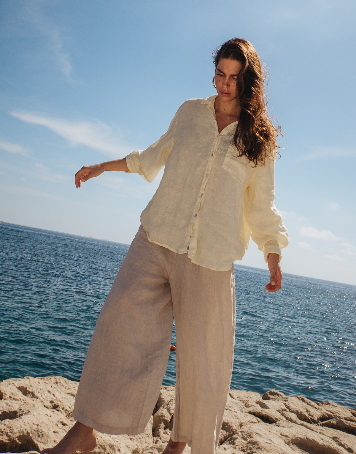 CROPPED WIDE LEG LINEN TROUSERS / SOFIA Beige