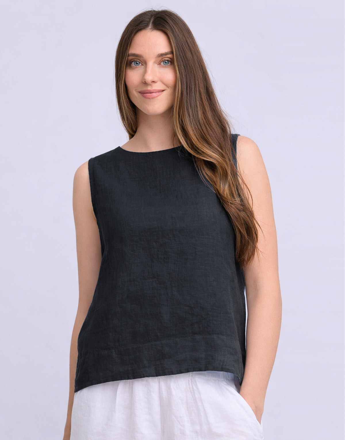 LINEN ROUND NECK TANK TOP / FRANCESCA Black