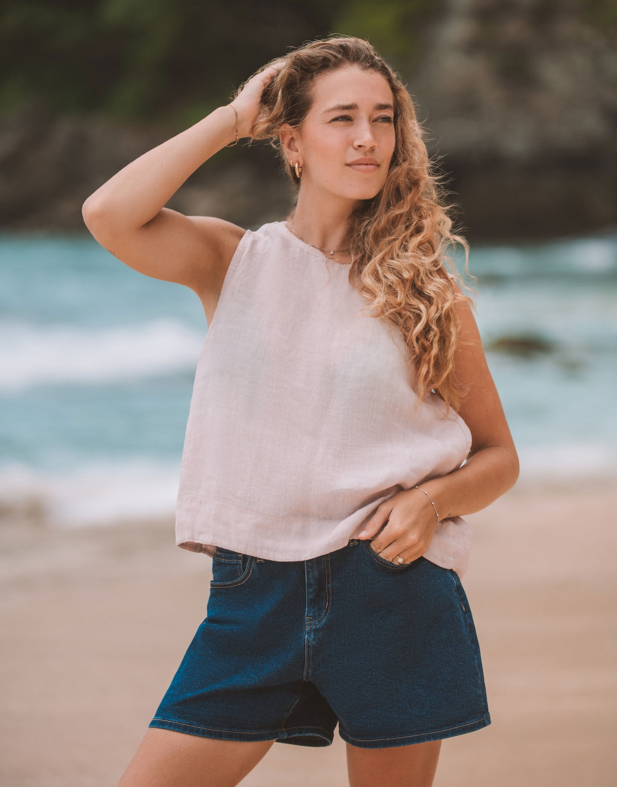 LINEN ROUND NECK TANK TOP / FRANCESCA Rosa