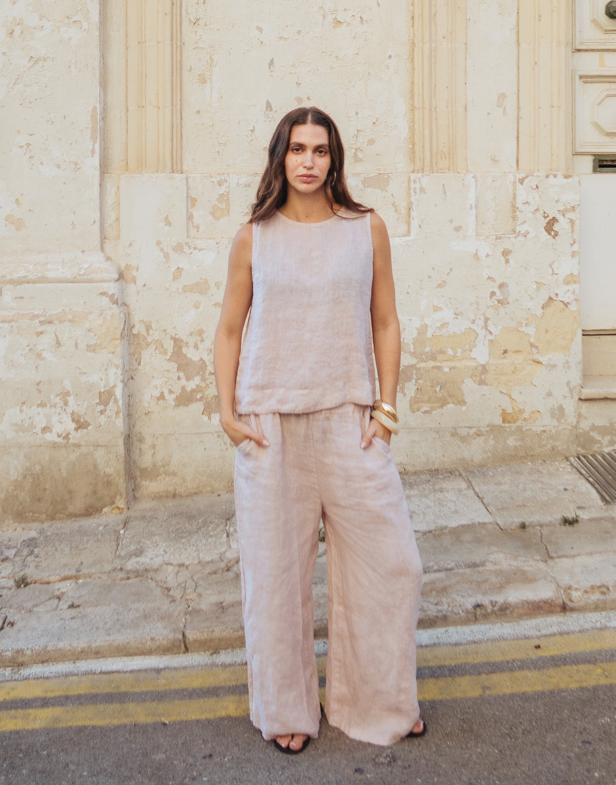 CROPPED WIDE LEG LINEN TROUSERS / SOFIA Rosa