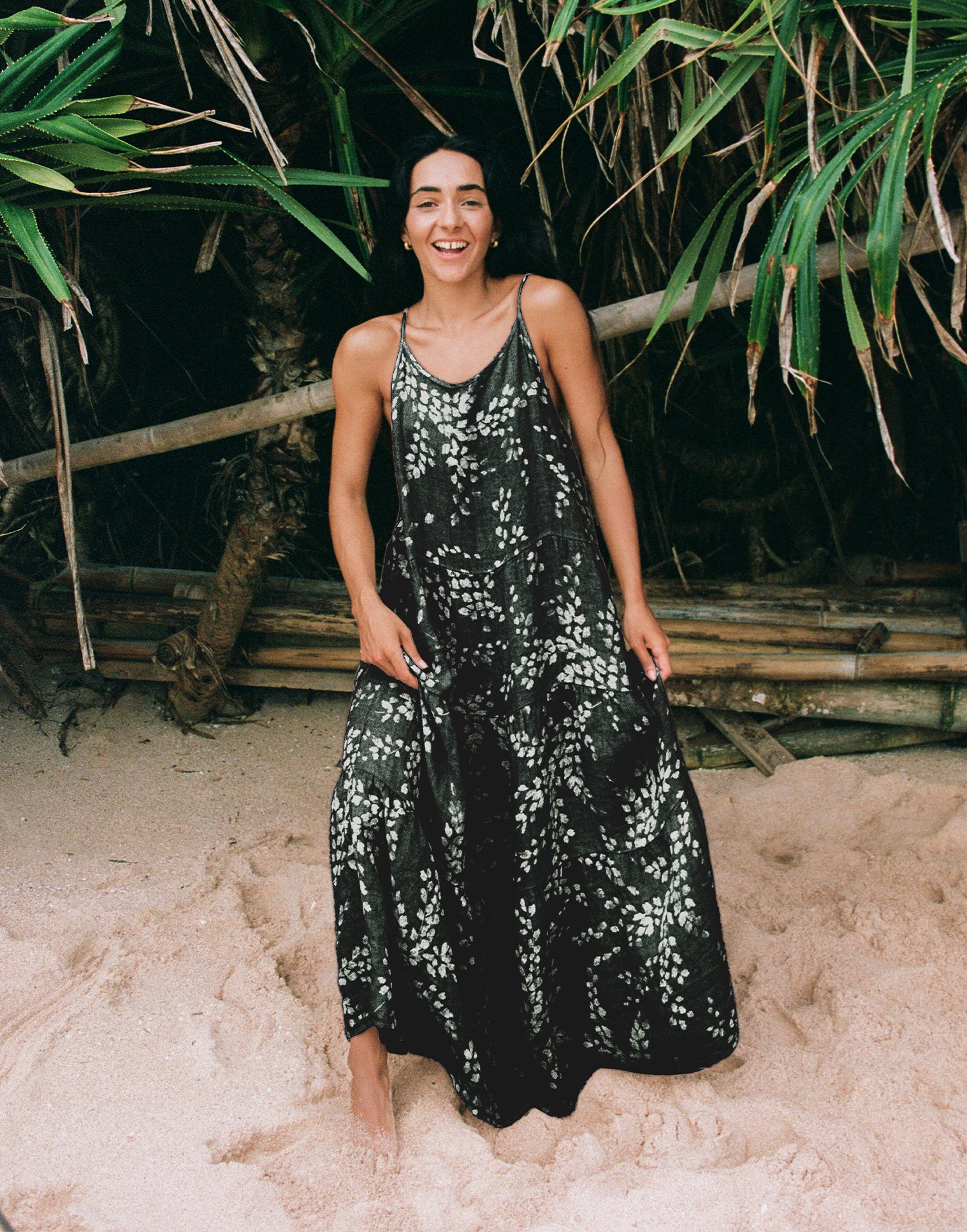 IRIS PRINTED ANKLE-GRAZING LINEN DRESS / BLACK