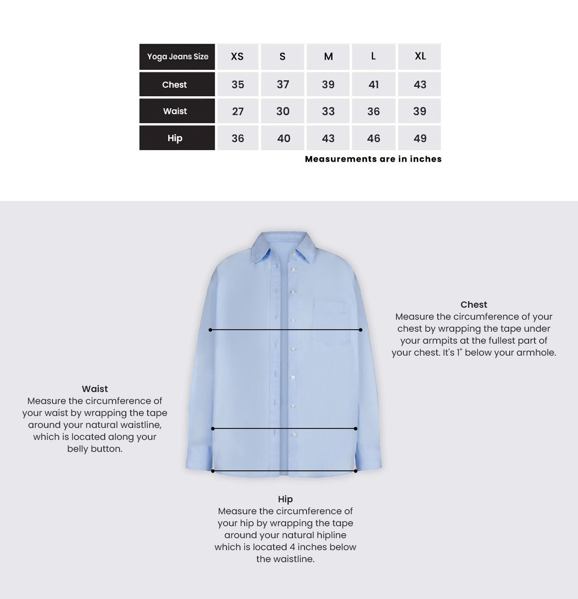 Size chart for yoga jeans with measurements and a blue shirt for reference.