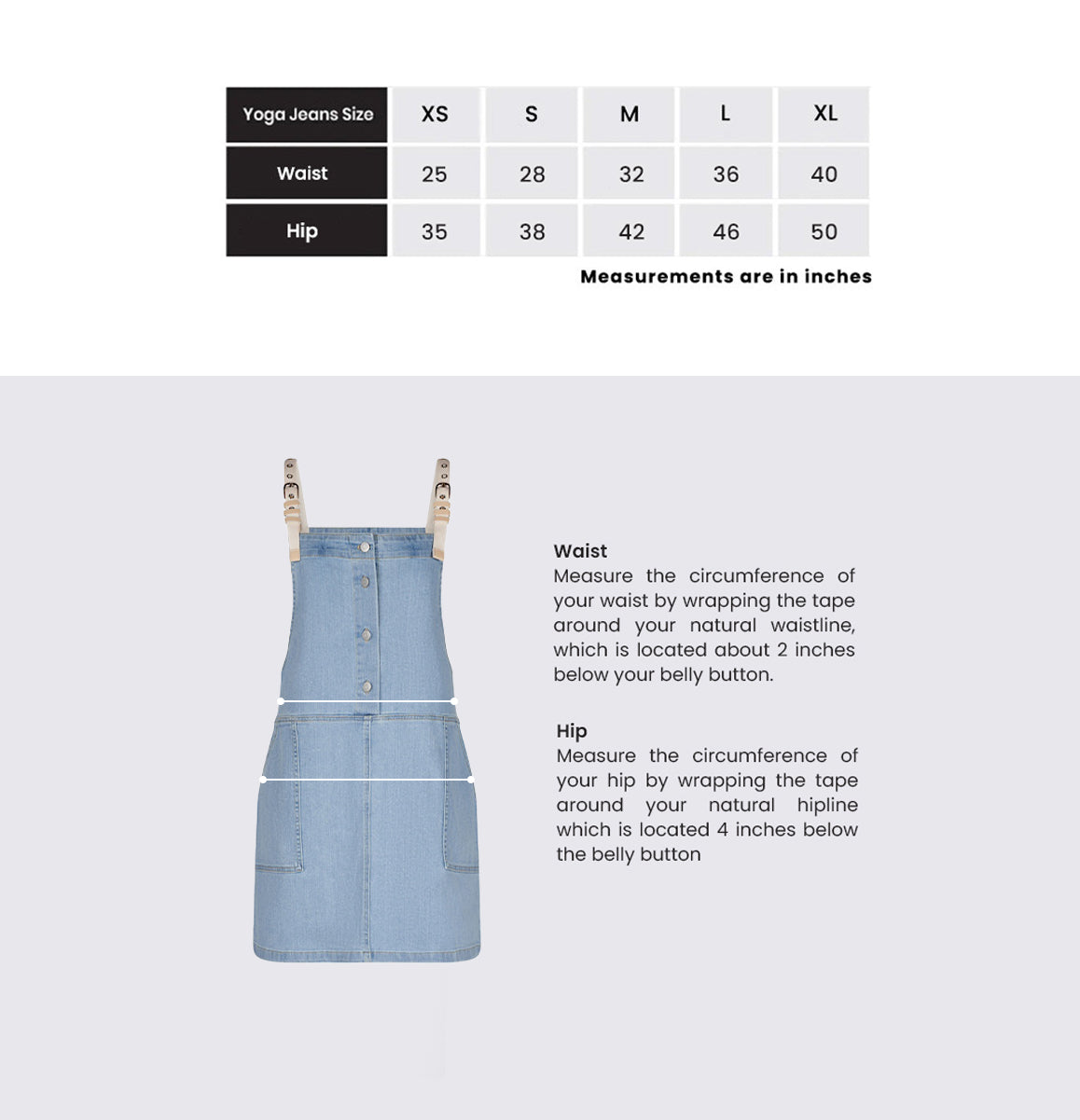 Yoga jeans size chart with measurements and a denim apron on a white background