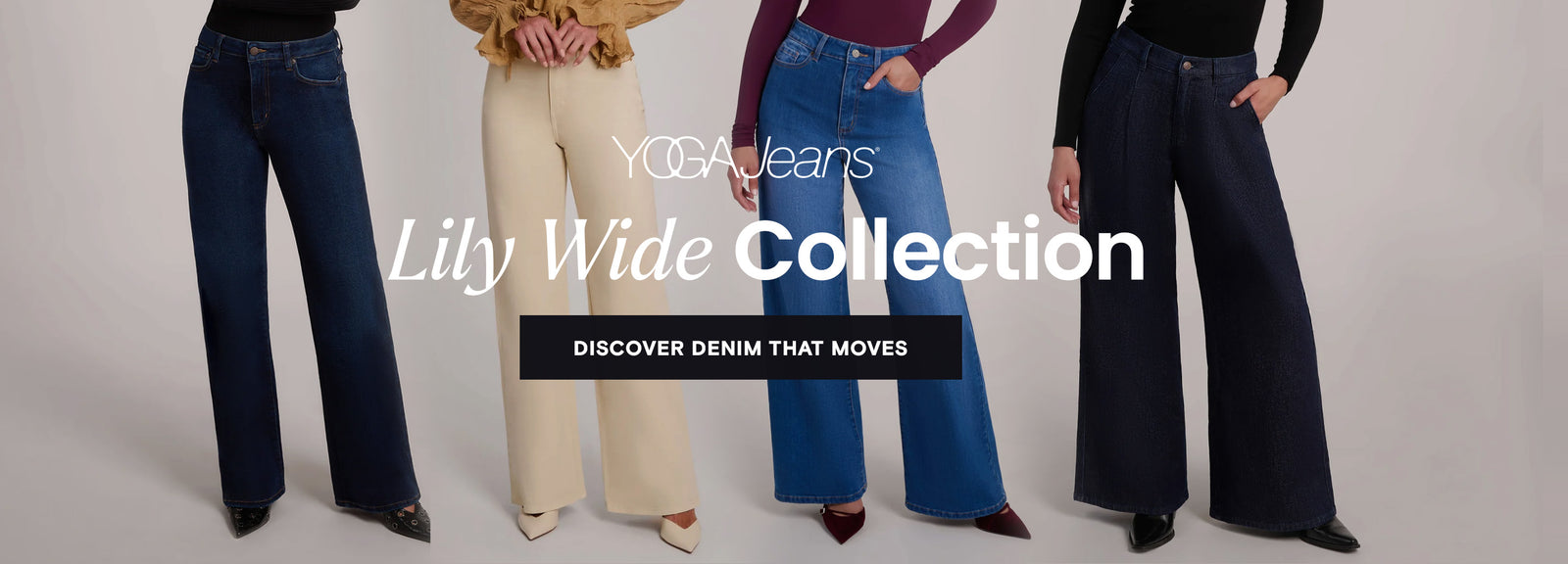Four people wearing wide-leg jeans with YOAS Jeans branding and 'Lily Wide Collection' text.