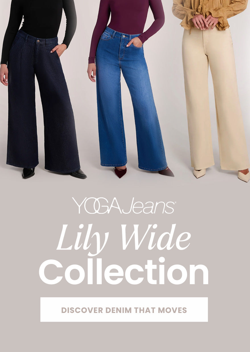 Three people wearing wide-leg jeans from the Yoga Jeans Lily Wide Collection on a plain background.