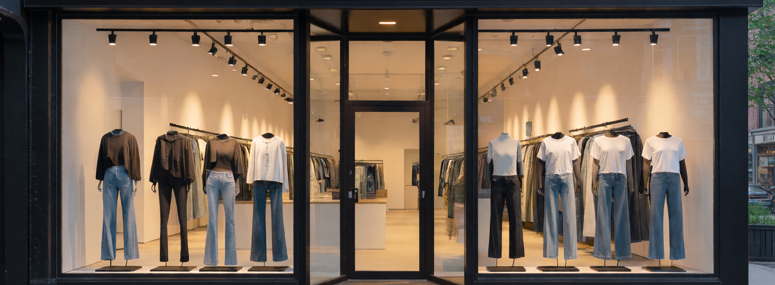 Fashion store window display with mannequins wearing jeans and shirts.